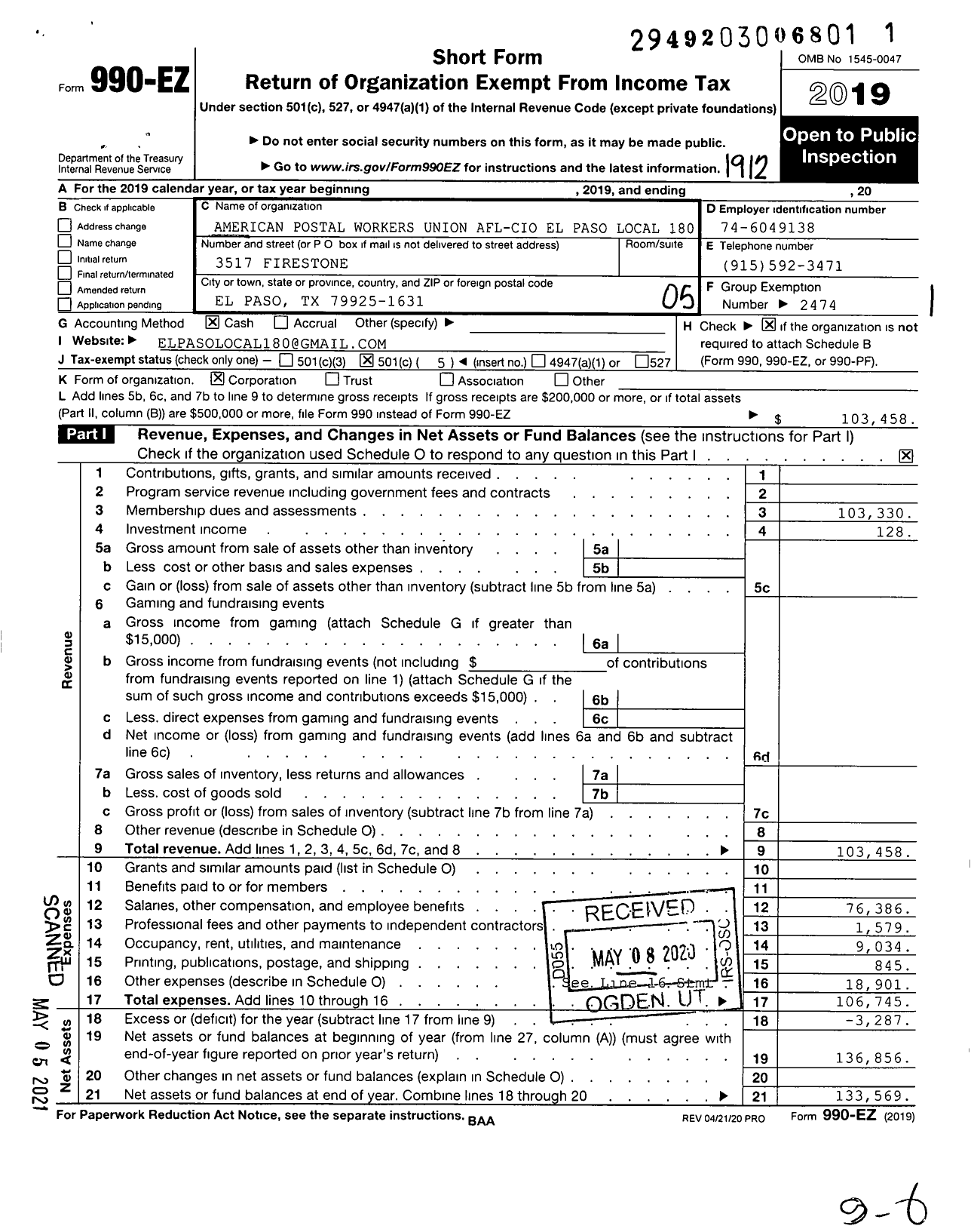 Image of first page of 2019 Form 990EO for American Postal Workers Union - 180 El Paso Area Local