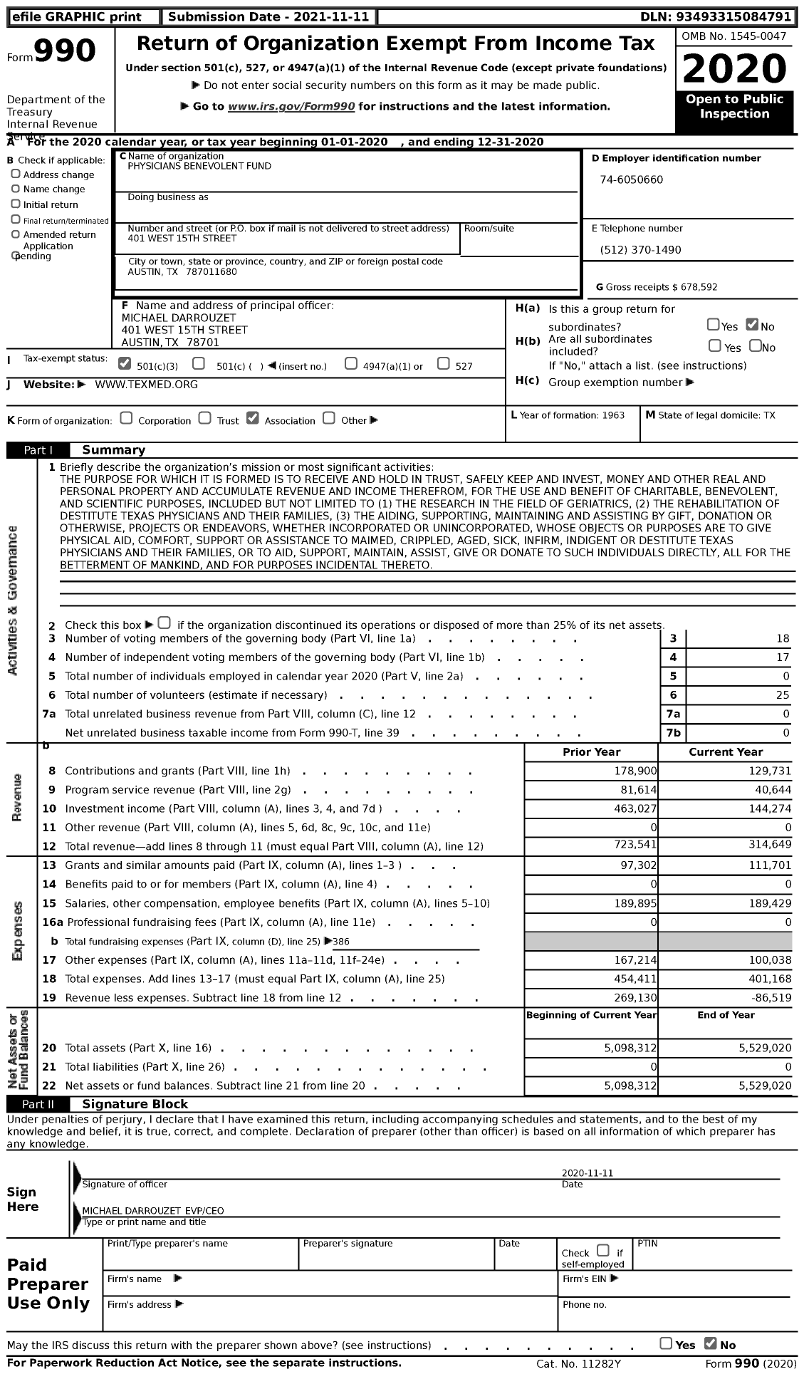 Image of first page of 2020 Form 990 for Physicians Benevolent Fund