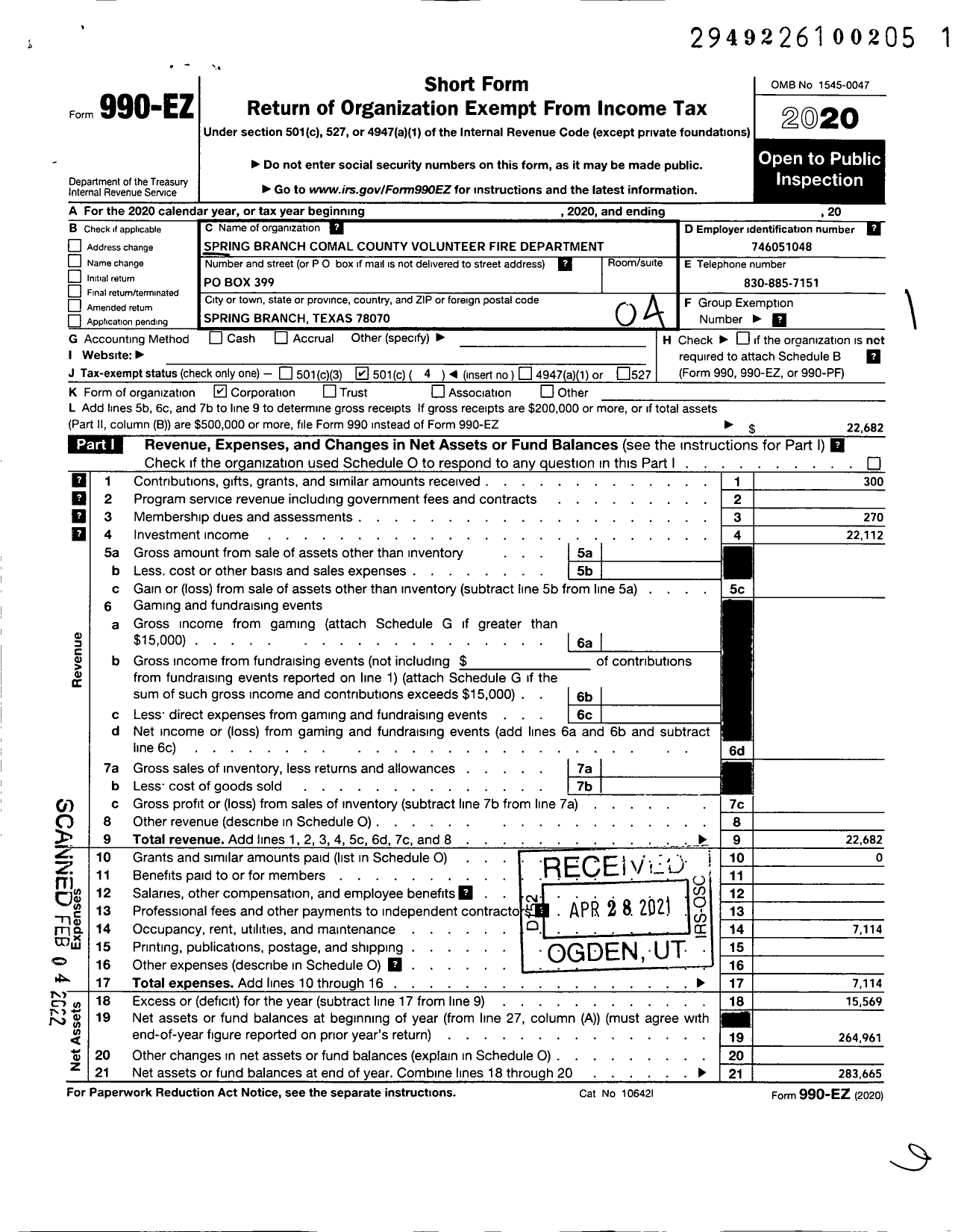 Image of first page of 2020 Form 990EO for Spring Branch Comal County Volunteer Fire Department