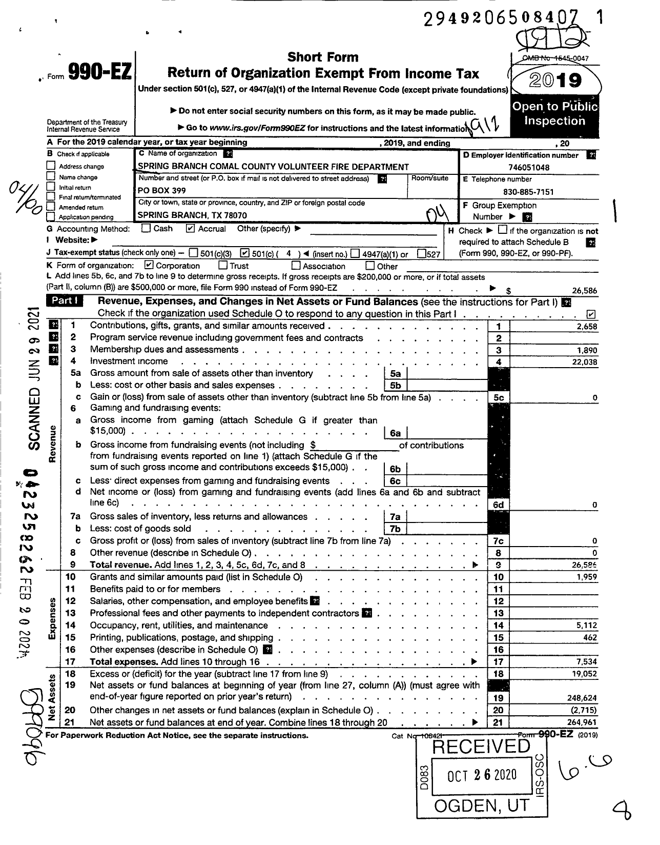 Image of first page of 2019 Form 990EO for Spring Branch Comal County Volunteer Fire Department