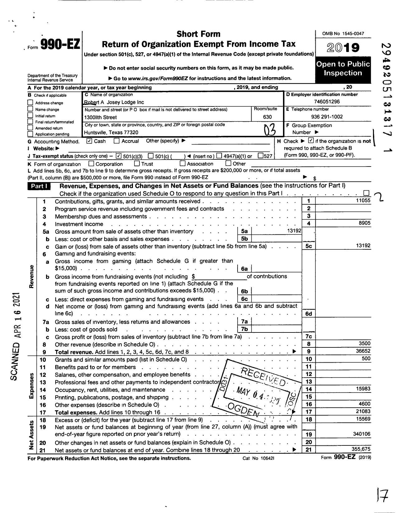 Image of first page of 2019 Form 990EZ for Robert A Josey Lodge