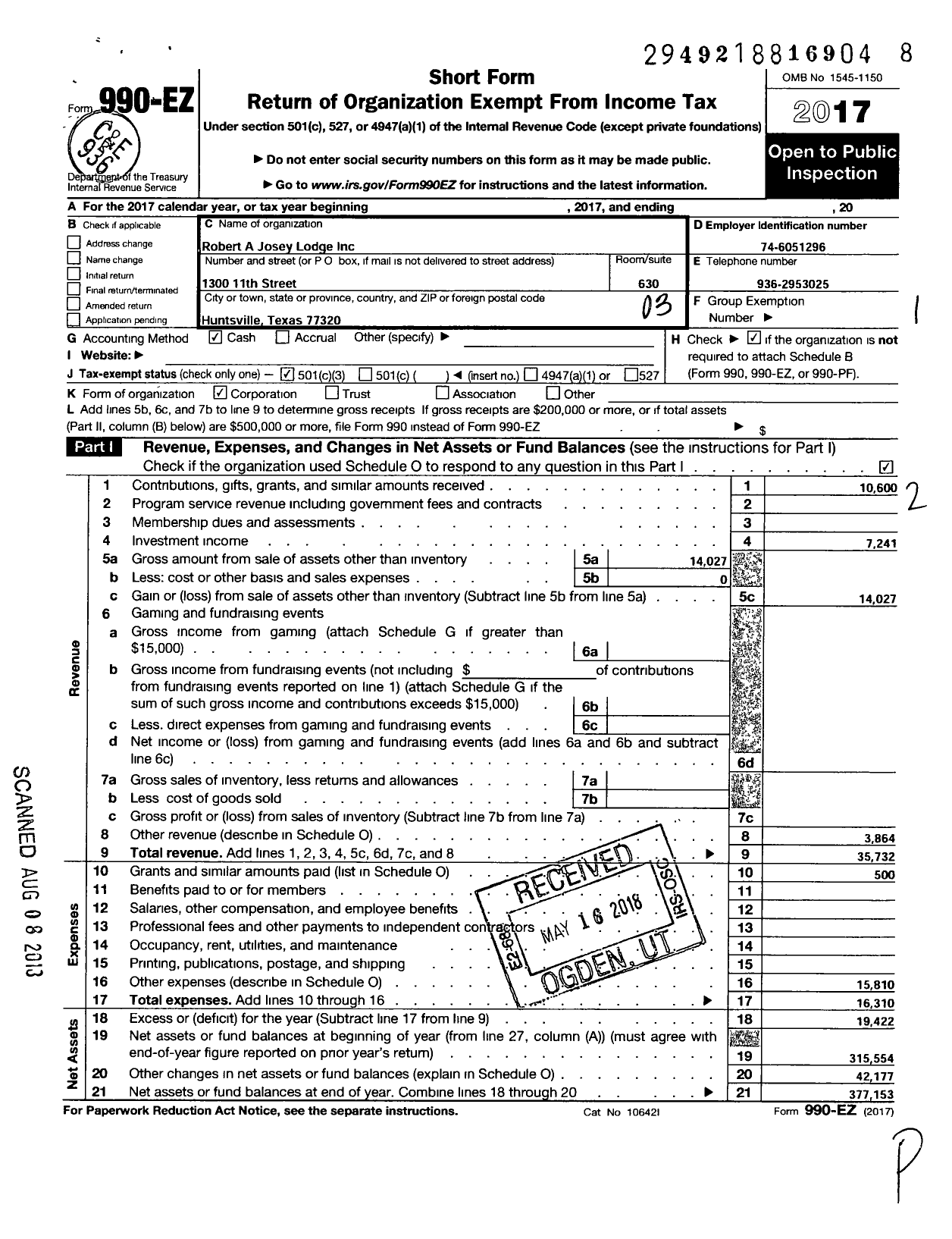 Image of first page of 2017 Form 990EZ for Robert A Josey Lodge