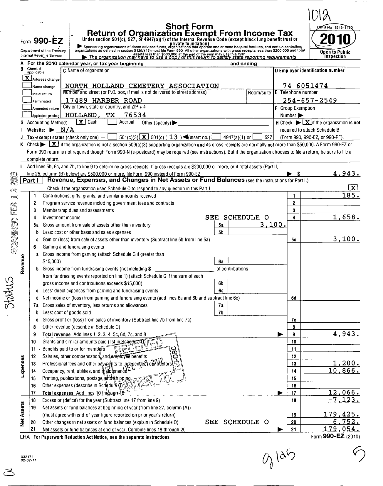 Image of first page of 2010 Form 990EO for North Holland Cemetery Association