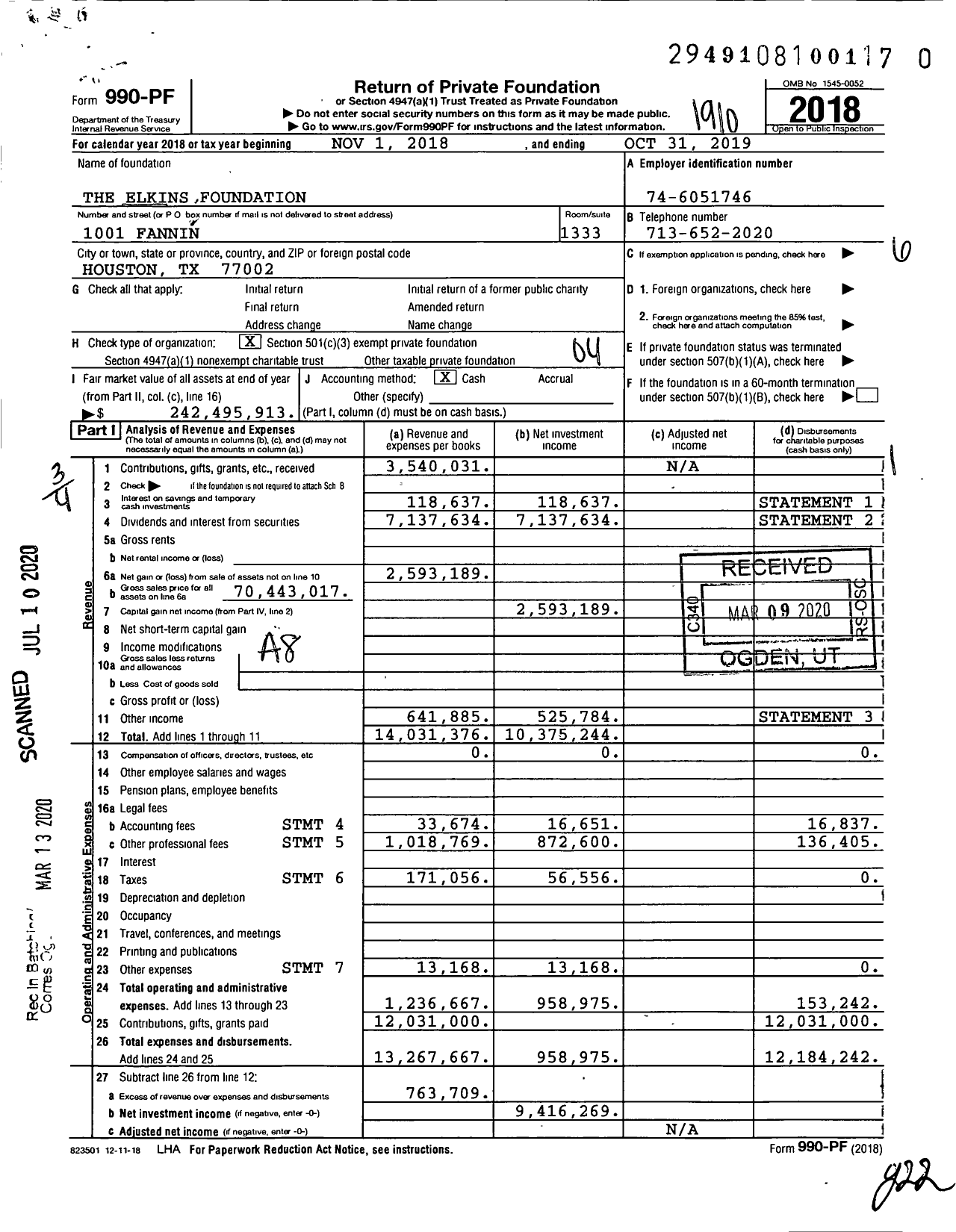 Image of first page of 2018 Form 990PR for The Elkins Foundation