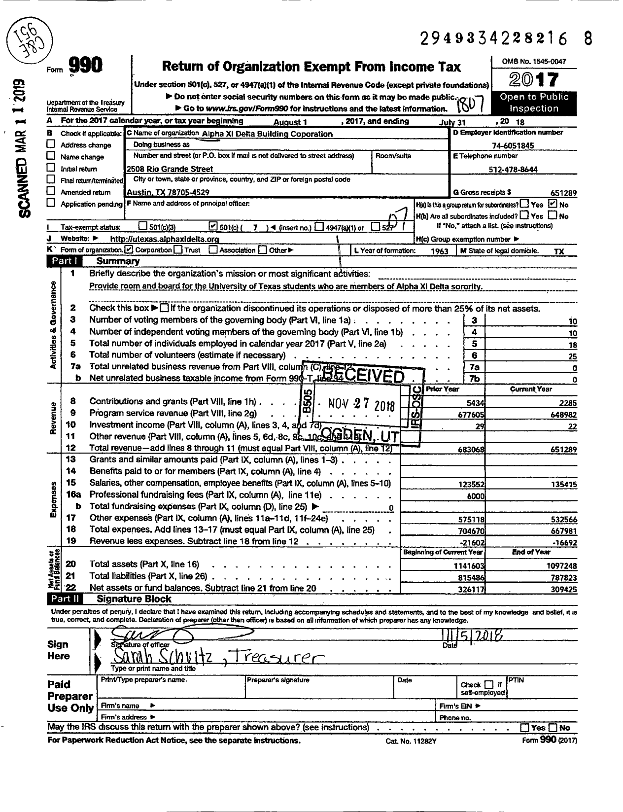Image of first page of 2017 Form 990O for Alpha Xi Delta Building Corporation