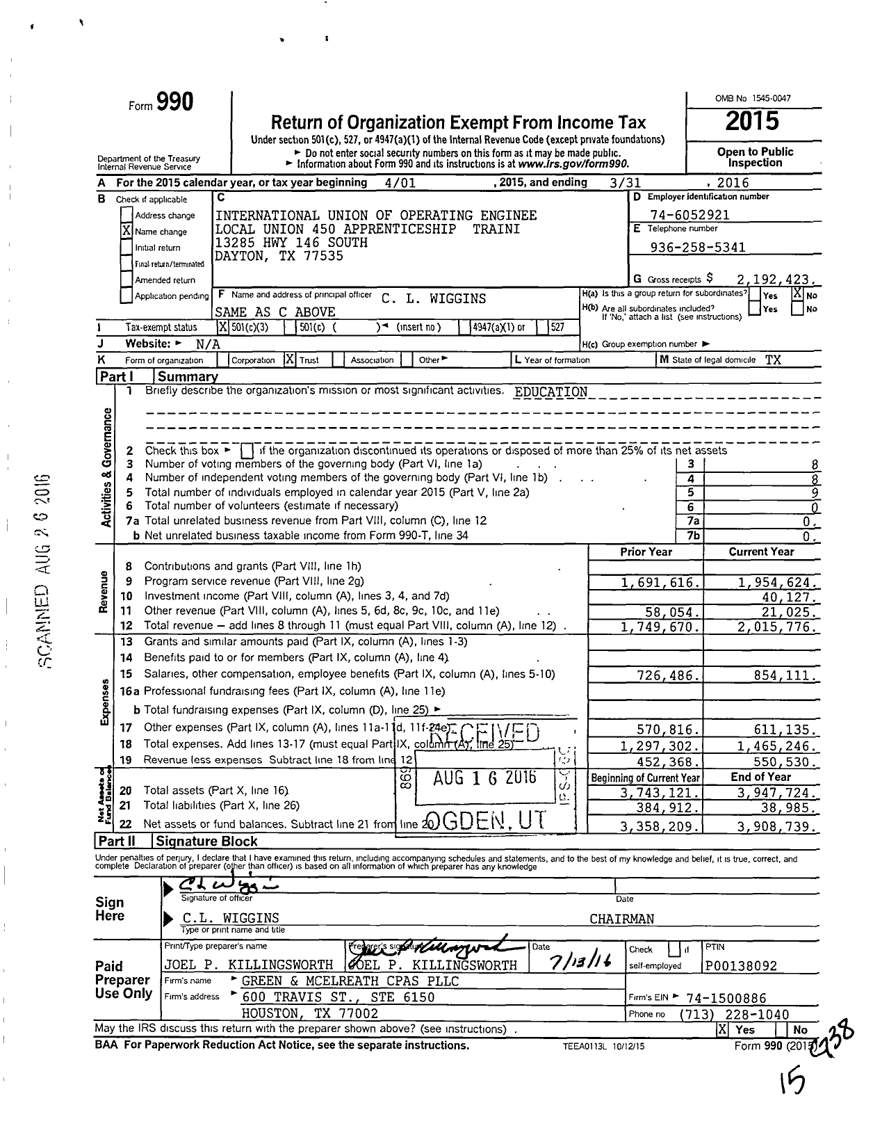Image of first page of 2015 Form 990 for International Union of Operating Enginee Local Union 450 Appreticeship Training