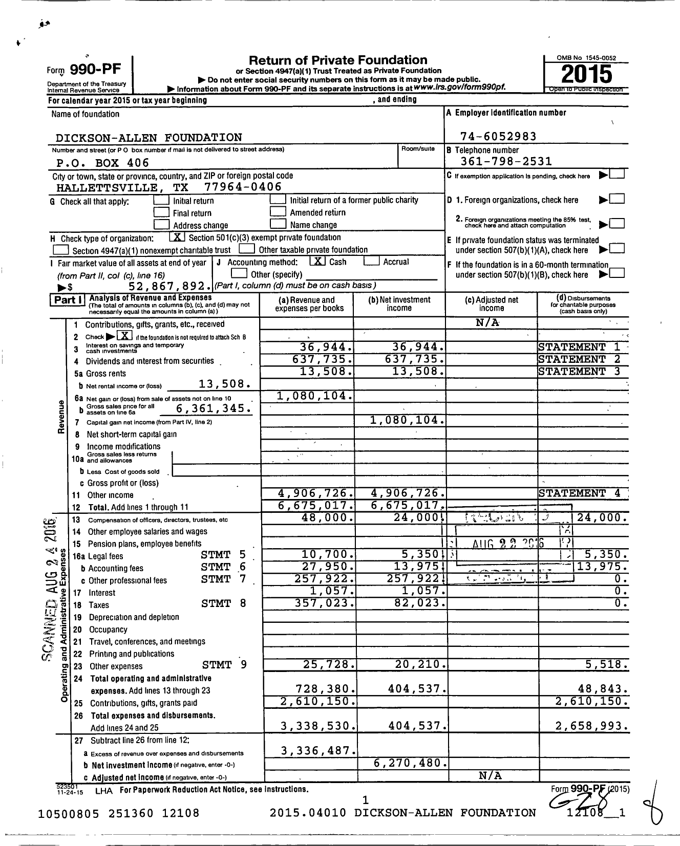 Image of first page of 2015 Form 990PF for Dickson-Allen Foundation