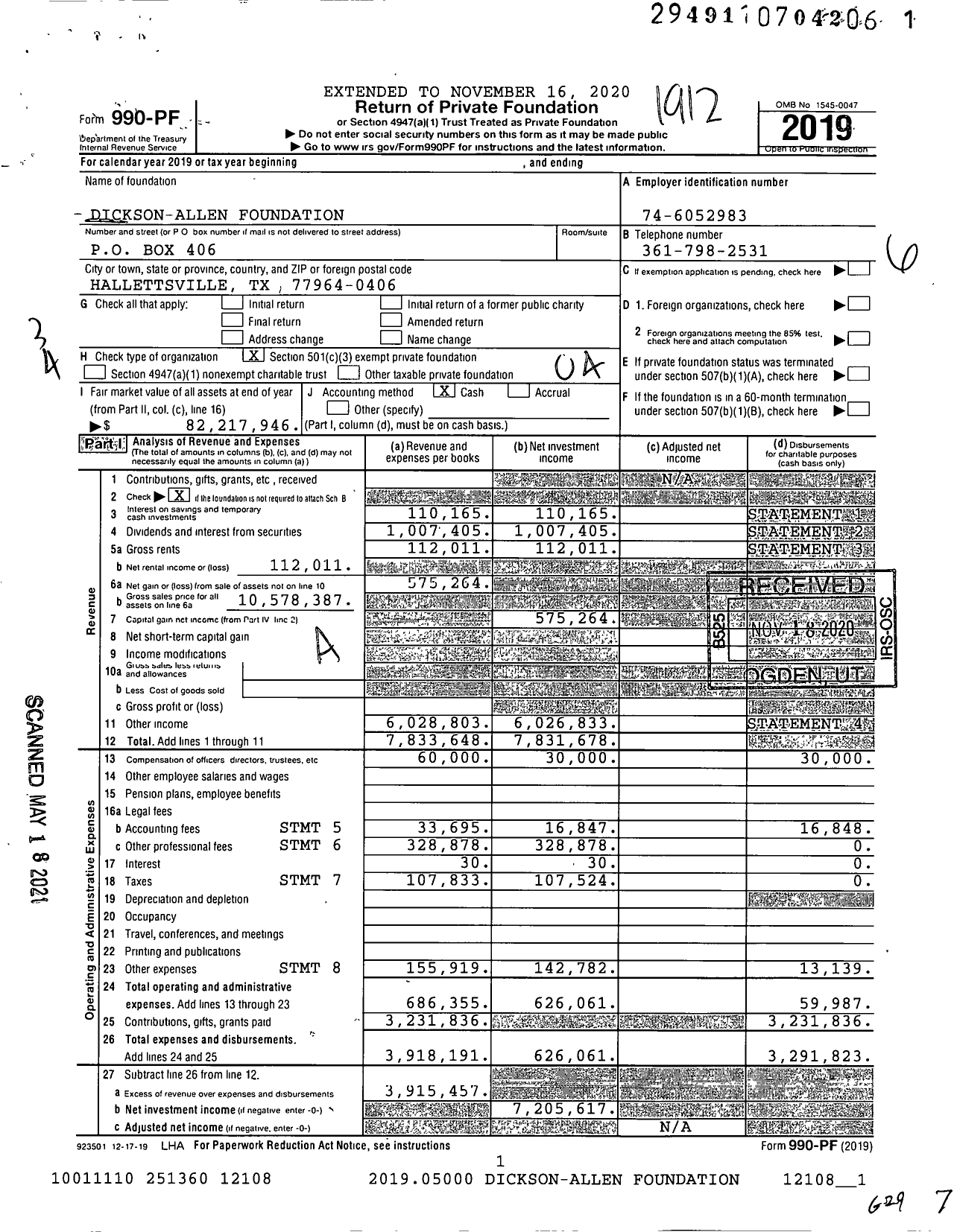 Image of first page of 2019 Form 990PF for Dickson-Allen Foundation