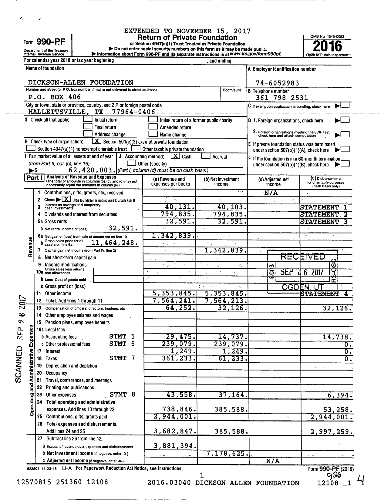 Image of first page of 2016 Form 990PF for Dickson-Allen Foundation