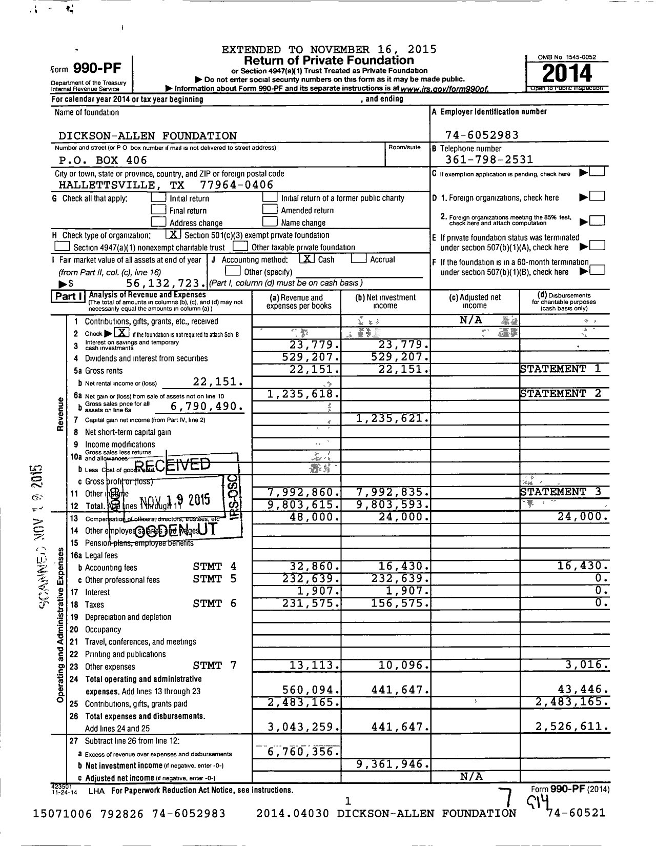 Image of first page of 2014 Form 990PF for Dickson-Allen Foundation