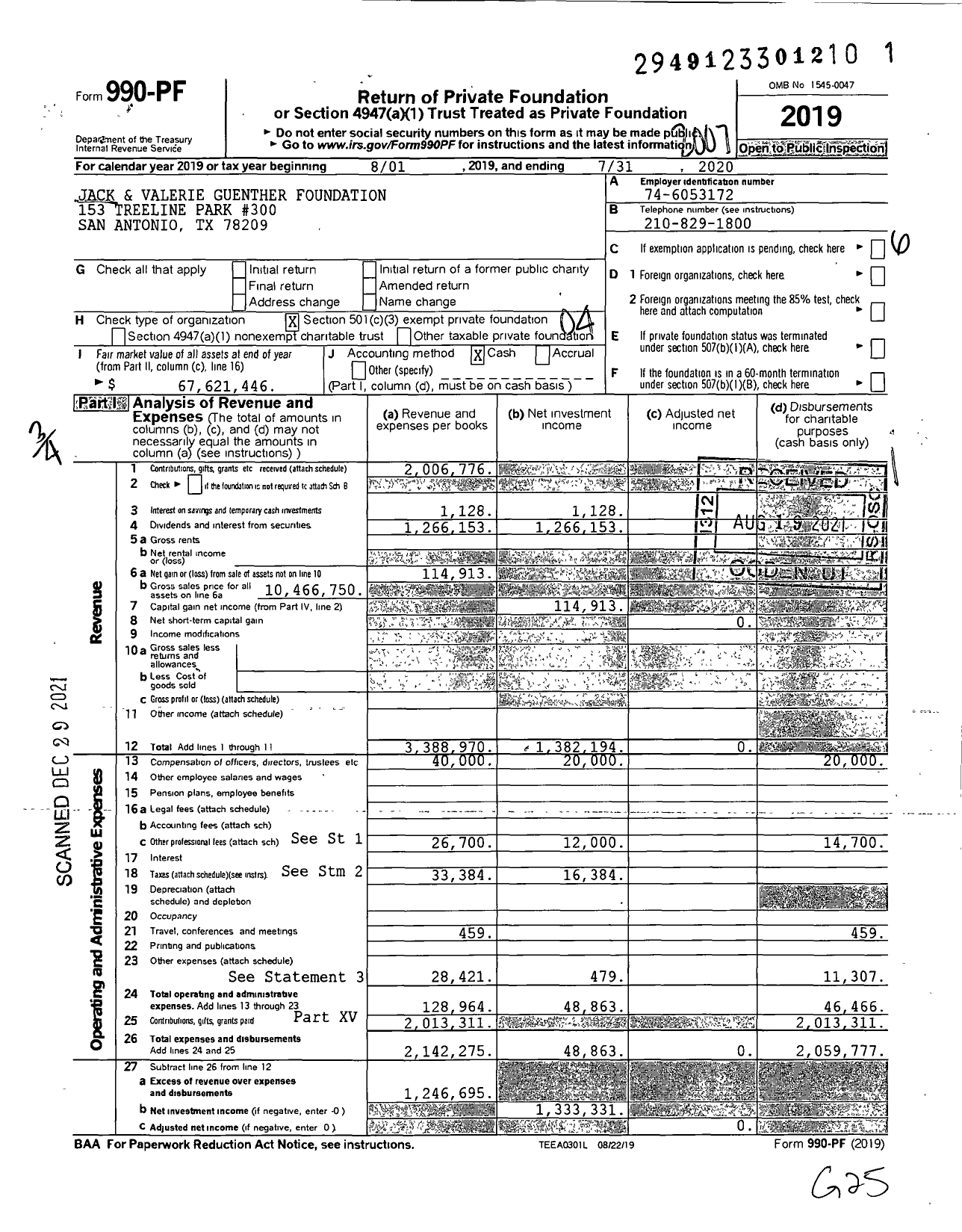 Image of first page of 2019 Form 990PF for Jack and Valerie Guenther Foundation