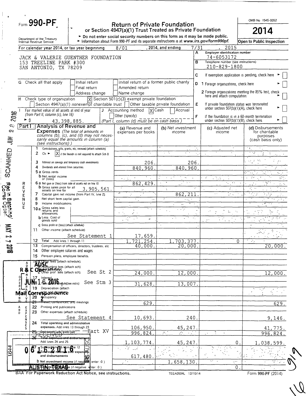 Image of first page of 2014 Form 990PF for Jack and Valerie Guenther Foundation