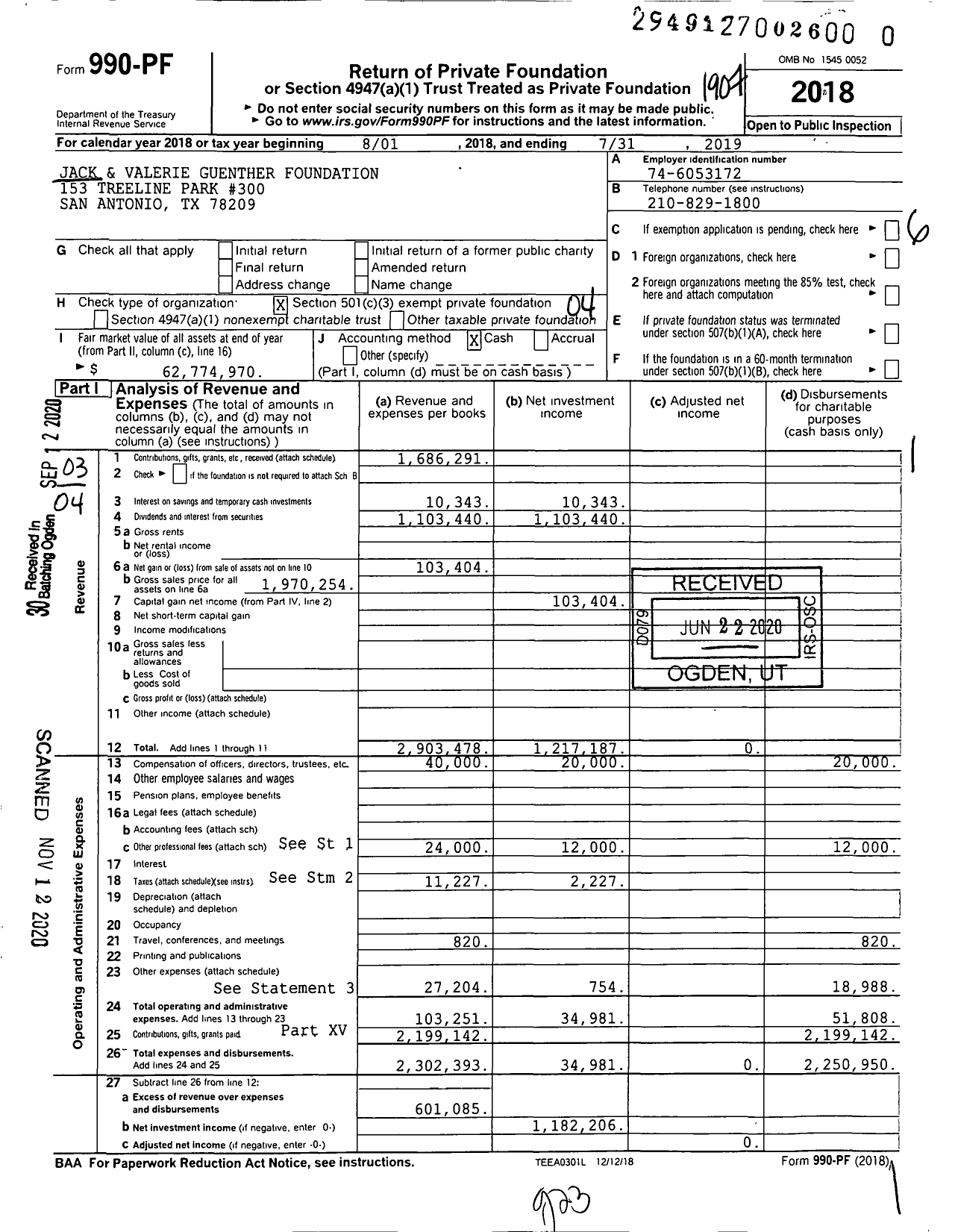 Image of first page of 2018 Form 990PF for Jack and Valerie Guenther Foundation