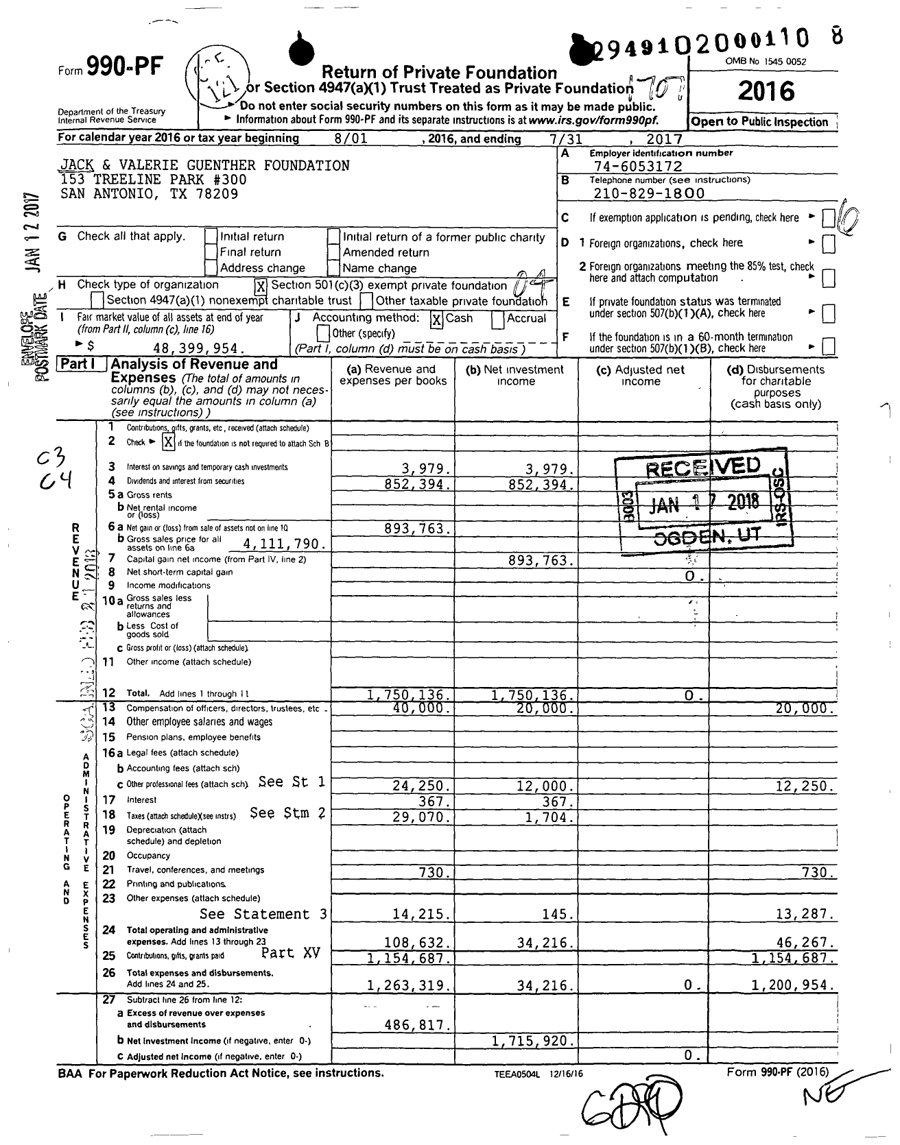 Image of first page of 2016 Form 990PF for Jack and Valerie Guenther Foundation