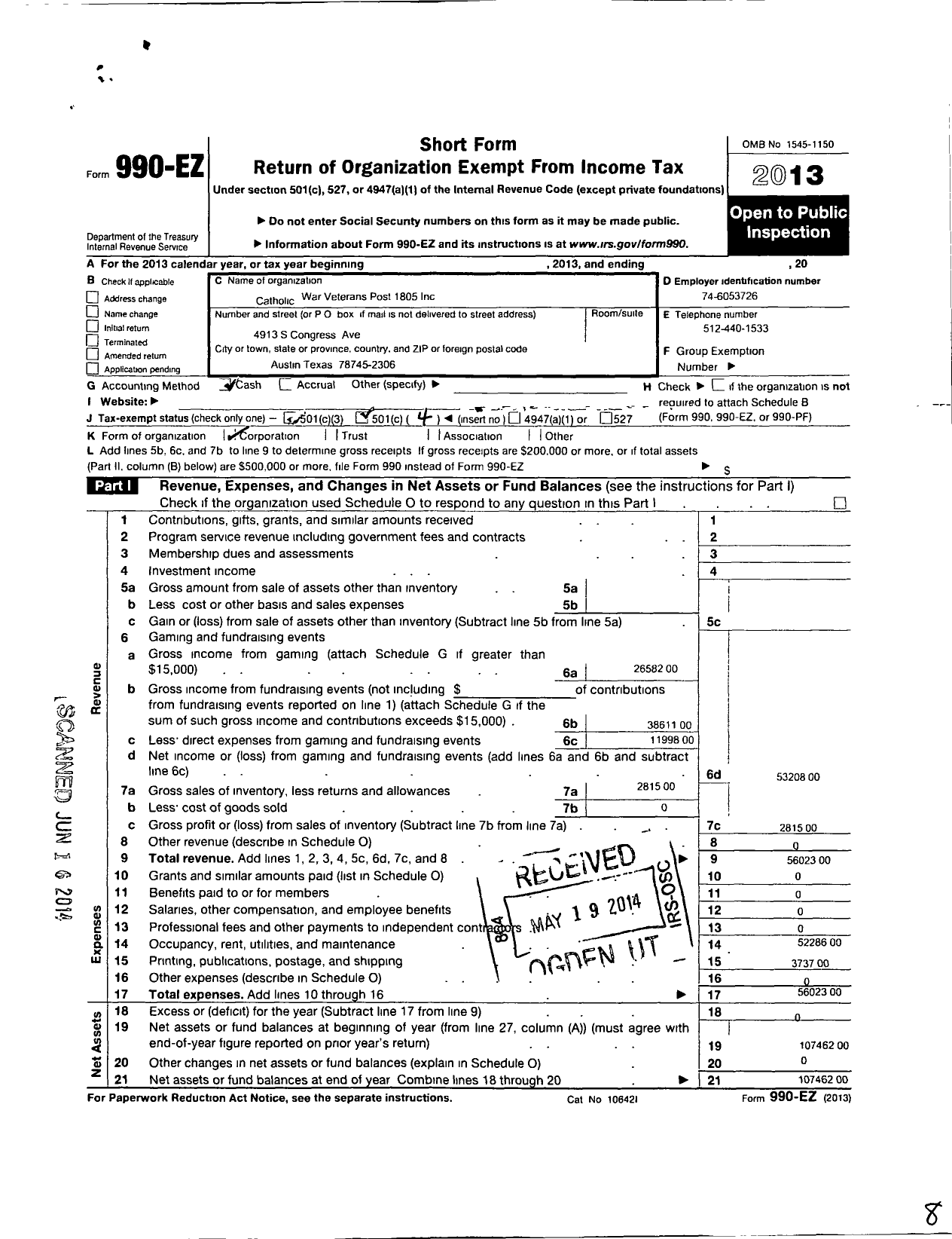 Image of first page of 2013 Form 990EO for Catholic War Veterans of the United States of America - 1805 Post-Cmr-Cwv