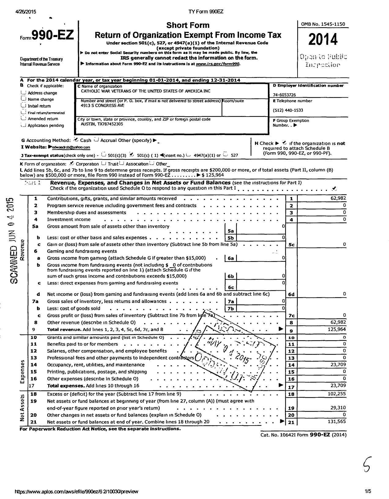 Image of first page of 2014 Form 990EO for Catholic War Veterans of the United States of America - 1805 Post-Cmr-Cwv