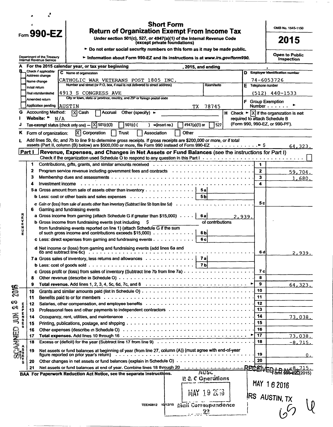 Image of first page of 2015 Form 990EZ for Catholic War Veterans of the United States of America - 1805 Post-Cmr-Cwv