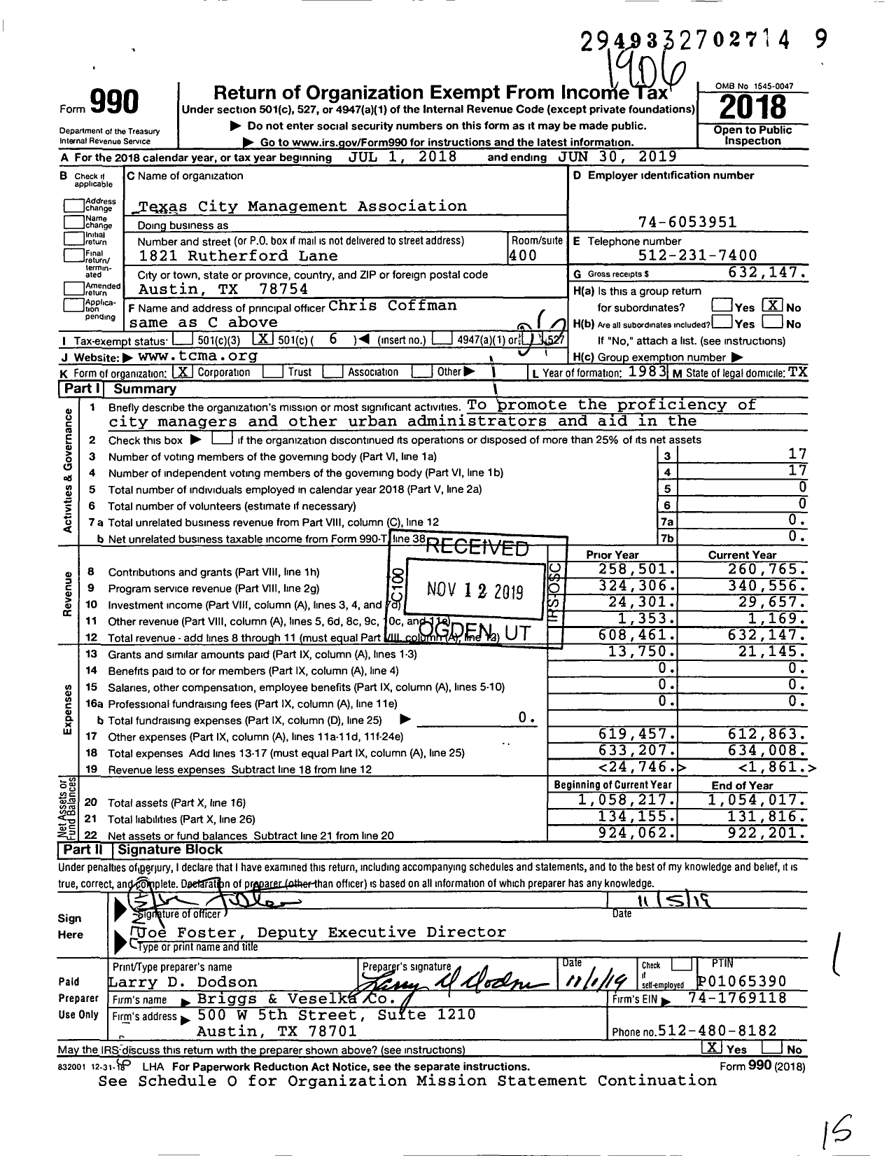 Image of first page of 2018 Form 990O for Texas City Management Association