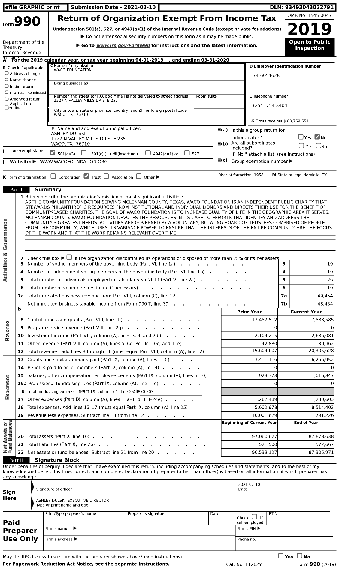 Image of first page of 2019 Form 990 for Waco Foundation