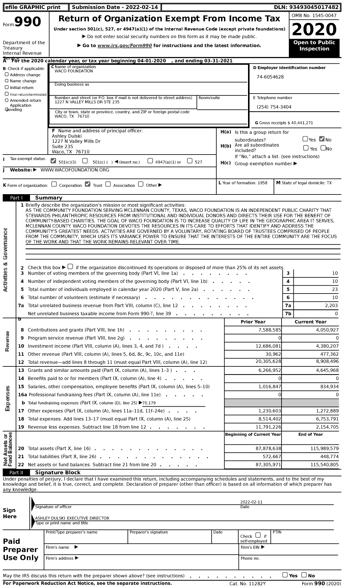 Image of first page of 2020 Form 990 for Waco Foundation