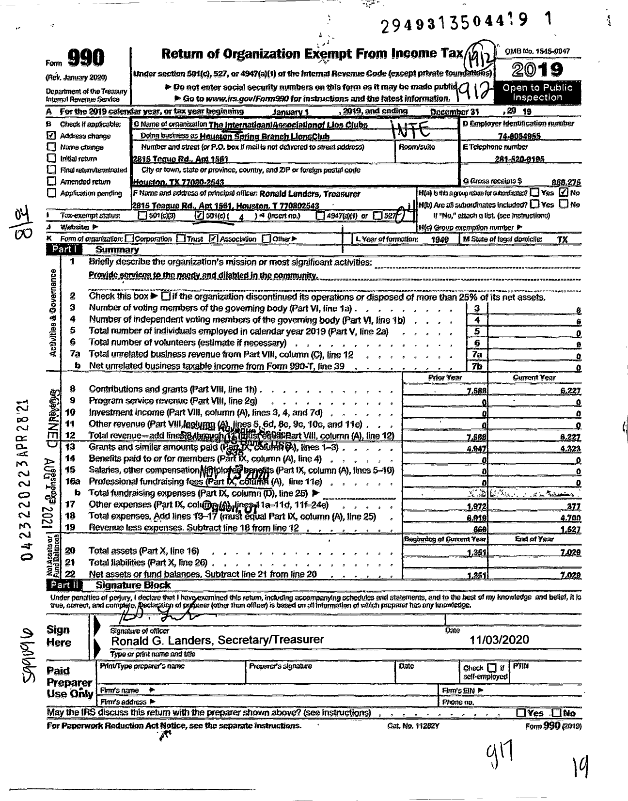 Image of first page of 2019 Form 990O for Lions Clubs - Houston Spring Branch Lions Club