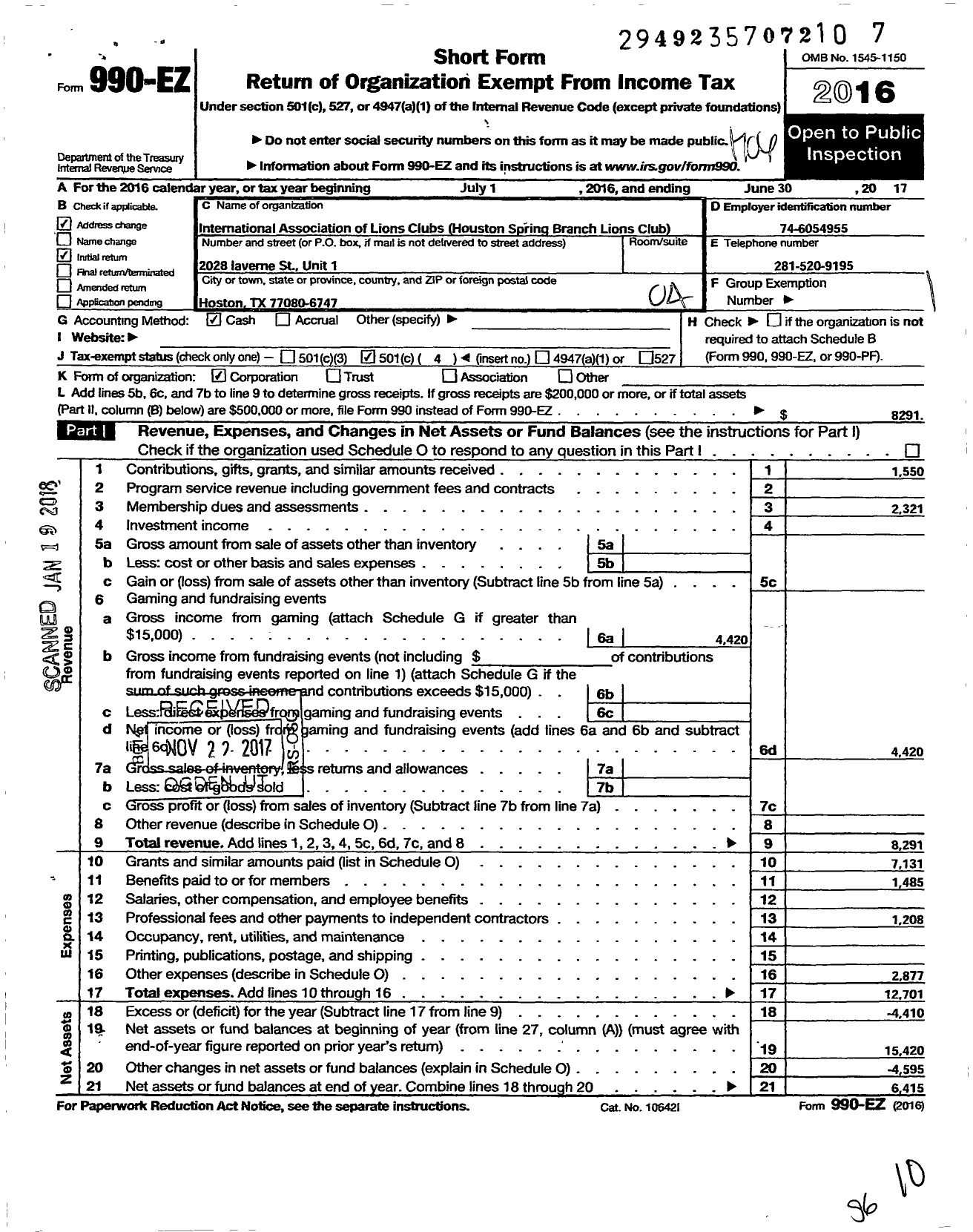 Image of first page of 2016 Form 990EO for Lions Clubs - Houston Spring Branch Lions Club