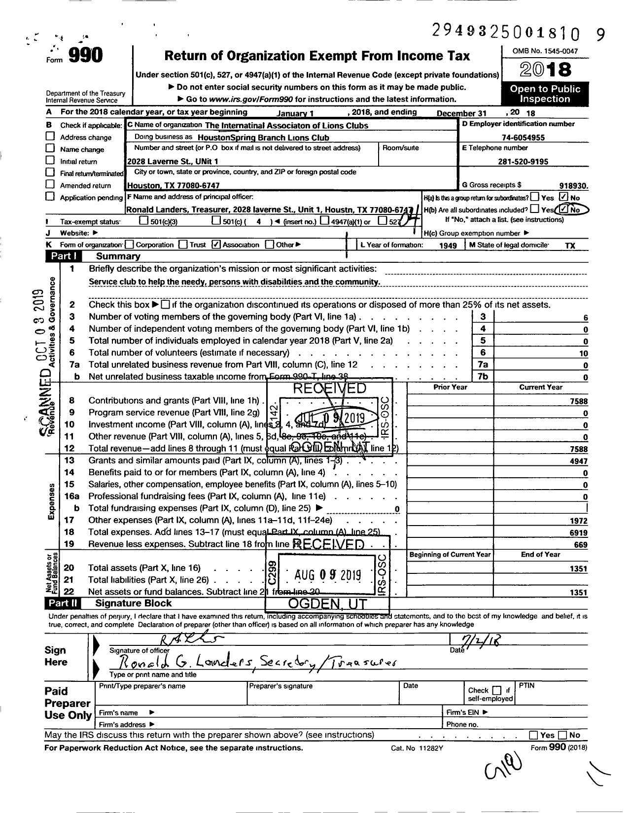 Image of first page of 2018 Form 990O for Lions Clubs - Houston Spring Branch Lions Club