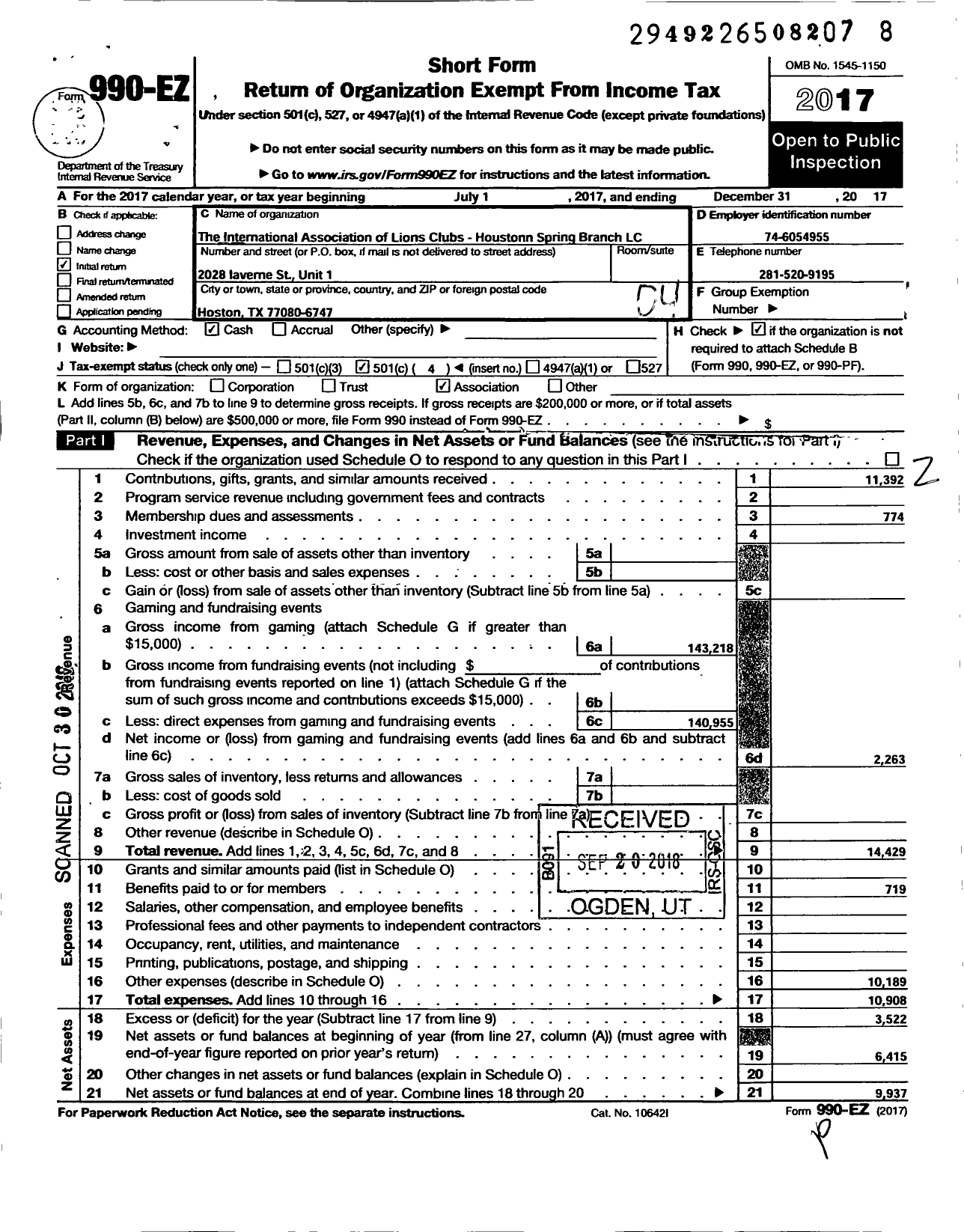 Image of first page of 2017 Form 990EO for Lions Clubs - Houston Spring Branch Lions Club