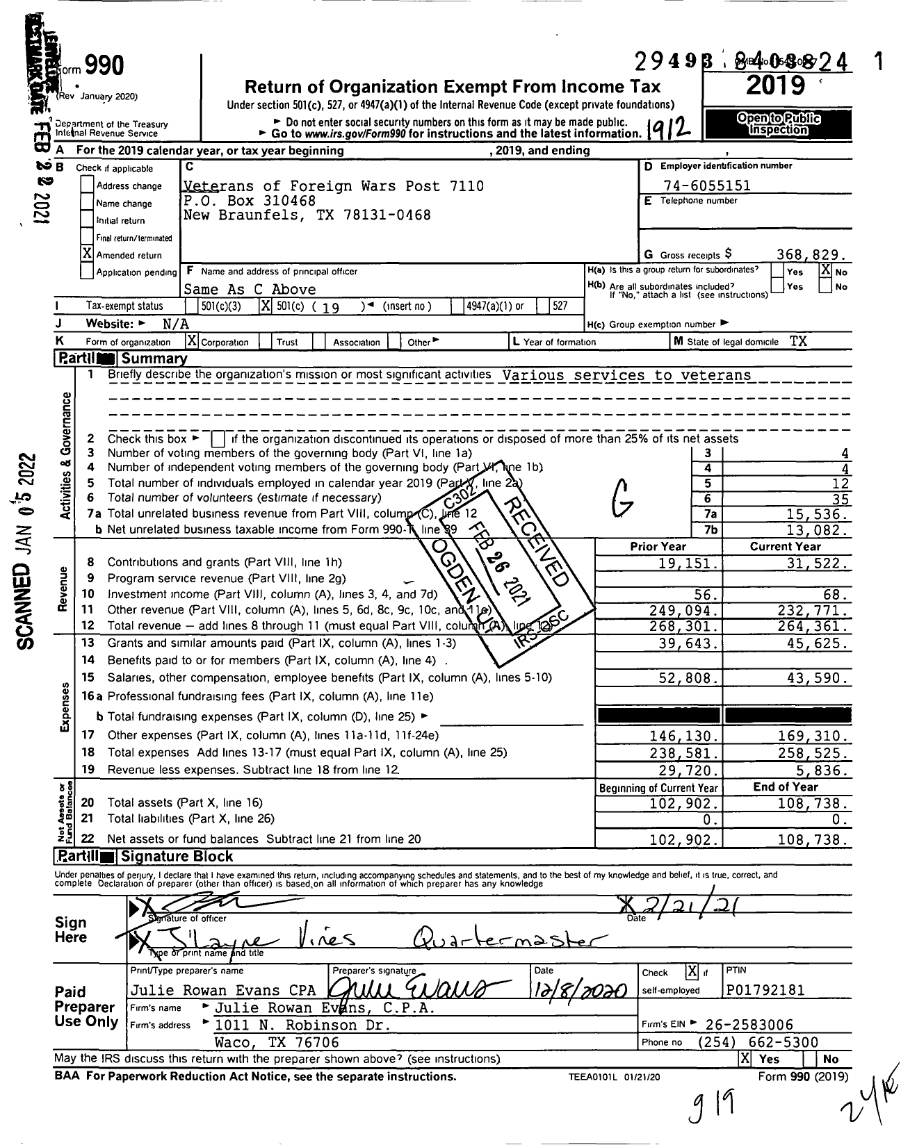 Image of first page of 2019 Form 990O for Texas VFW - 7110 New Braunfels