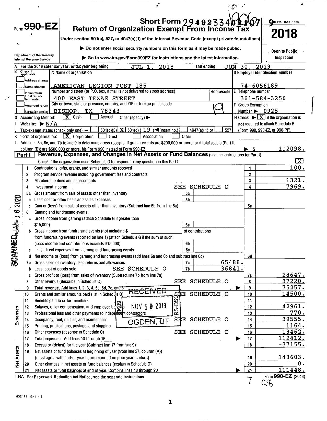 Image of first page of 2018 Form 990EO for American Legion - 185 Bishop