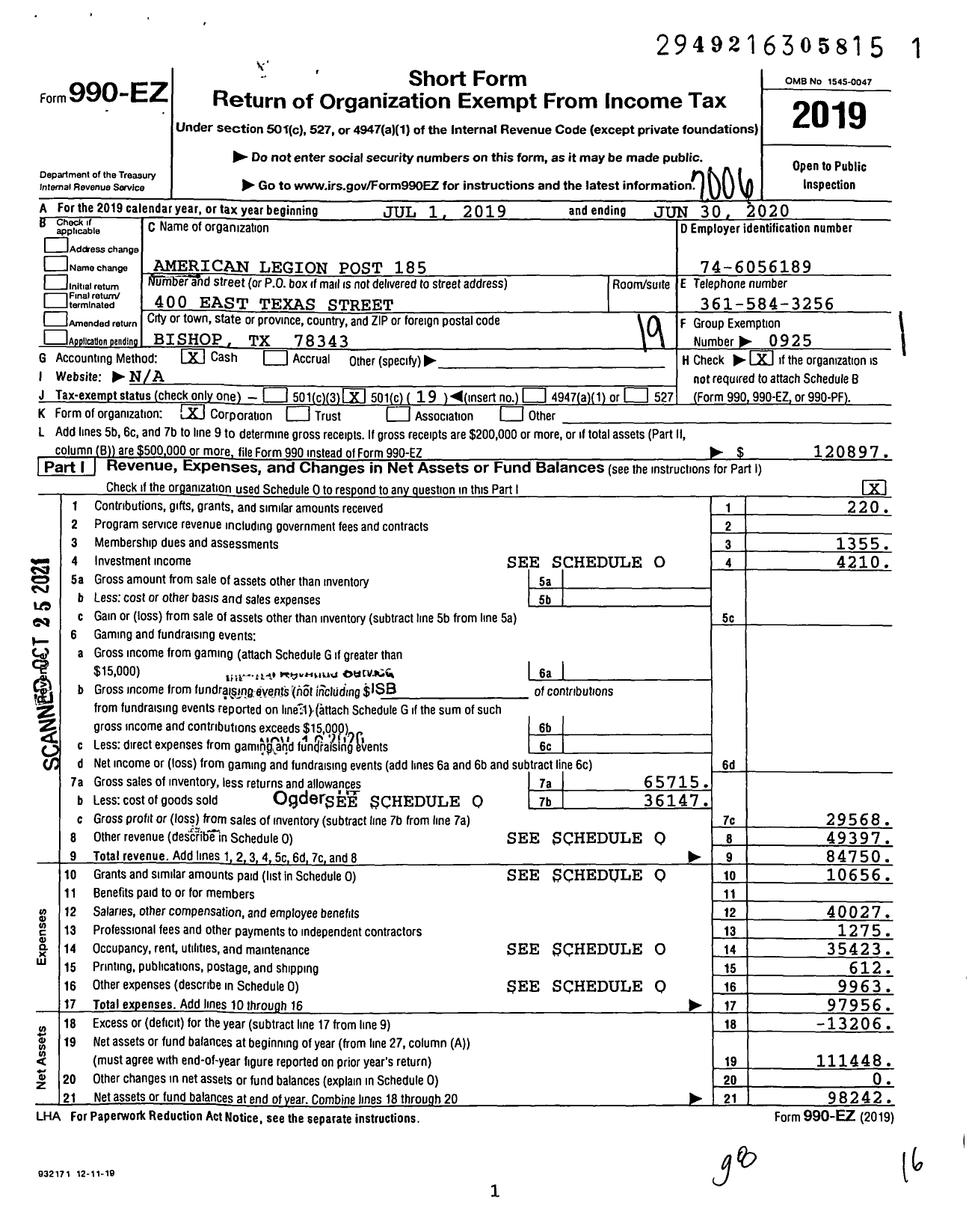 Image of first page of 2019 Form 990EO for American Legion - 185 Bishop