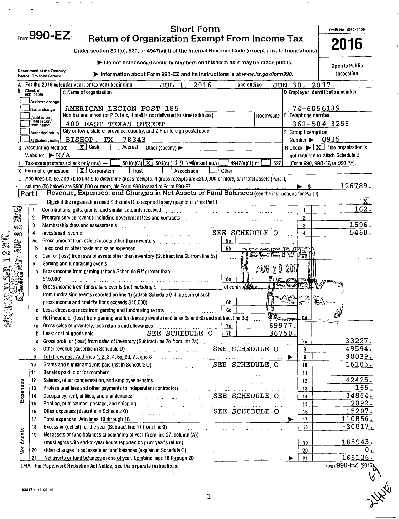 Image of first page of 2016 Form 990EO for American Legion - 185 Bishop