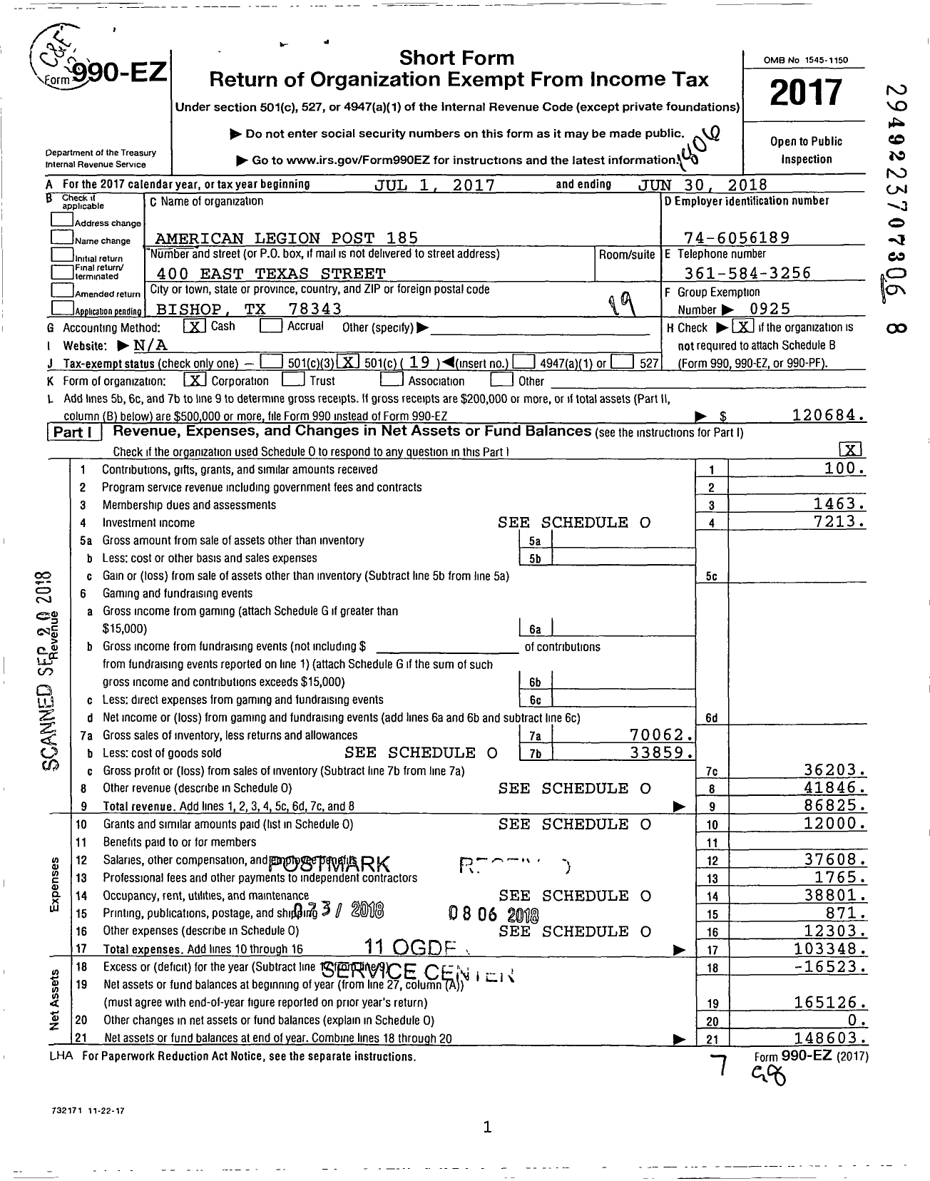 Image of first page of 2017 Form 990EO for American Legion - 185 Bishop