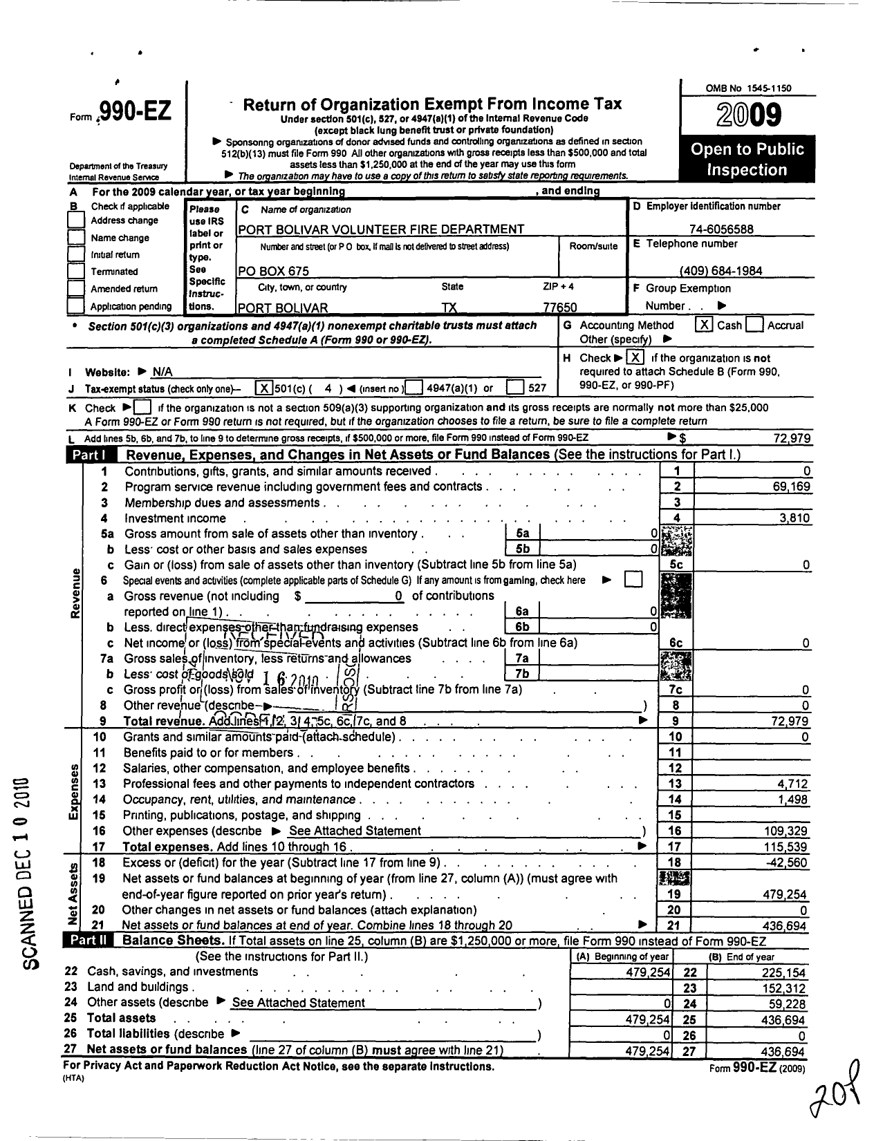 Image of first page of 2009 Form 990EO for Port Bolivar Volunteer Fire Department