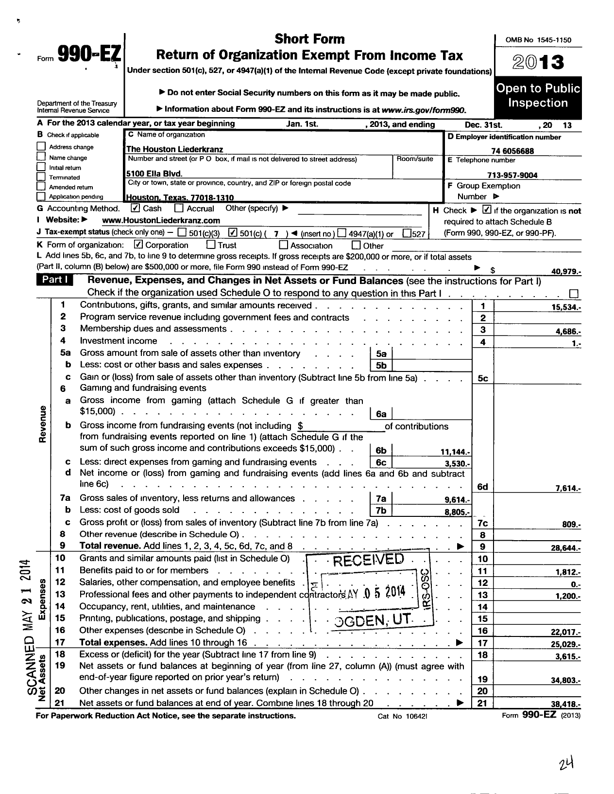 Image of first page of 2013 Form 990EO for Houston Liederkranz