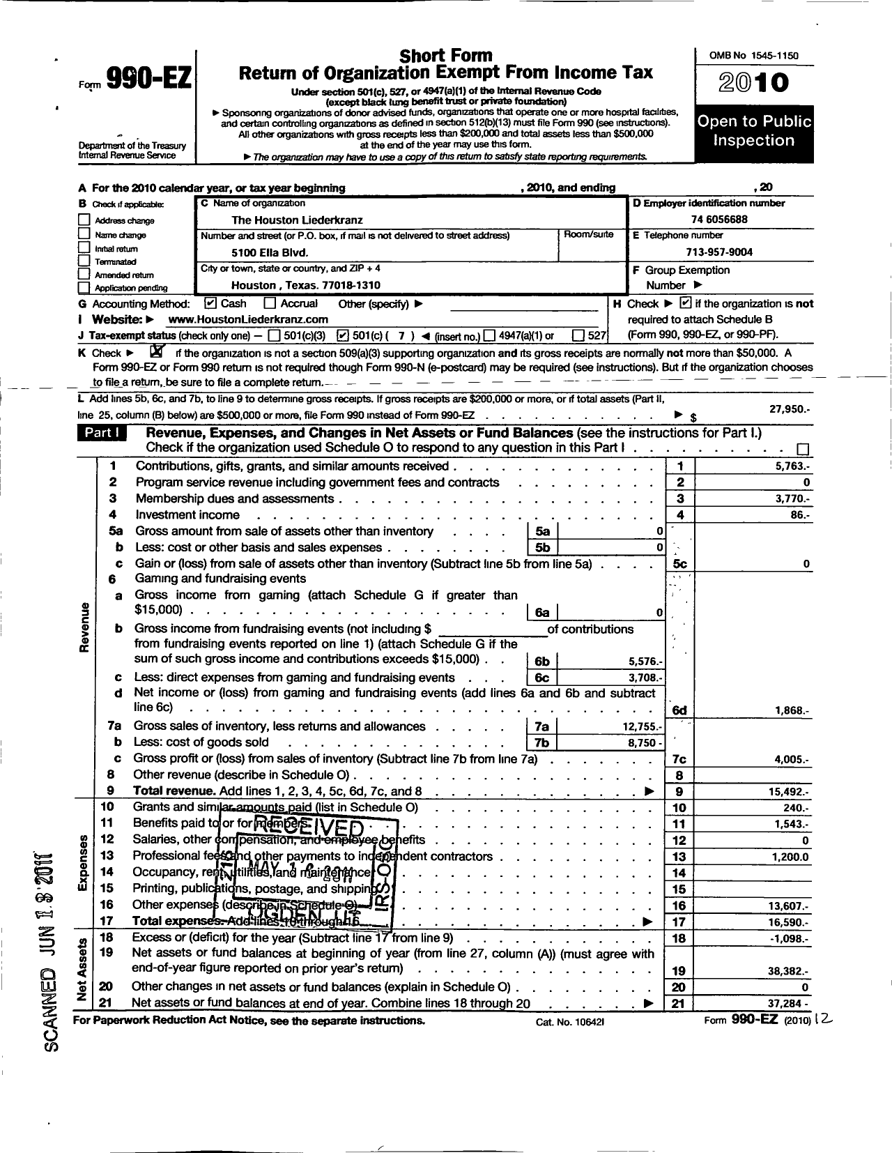 Image of first page of 2010 Form 990EO for Houston Liederkranz