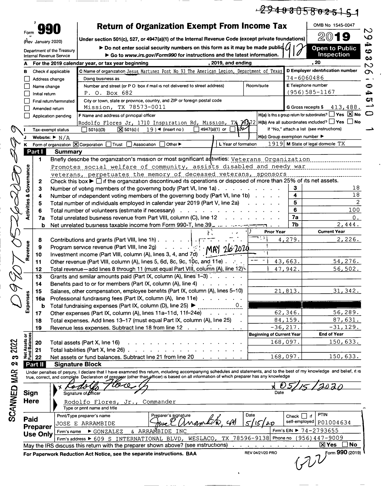 Image of first page of 2019 Form 990O for Jesus Martinez Post No 93 The American Legion Department of Texas