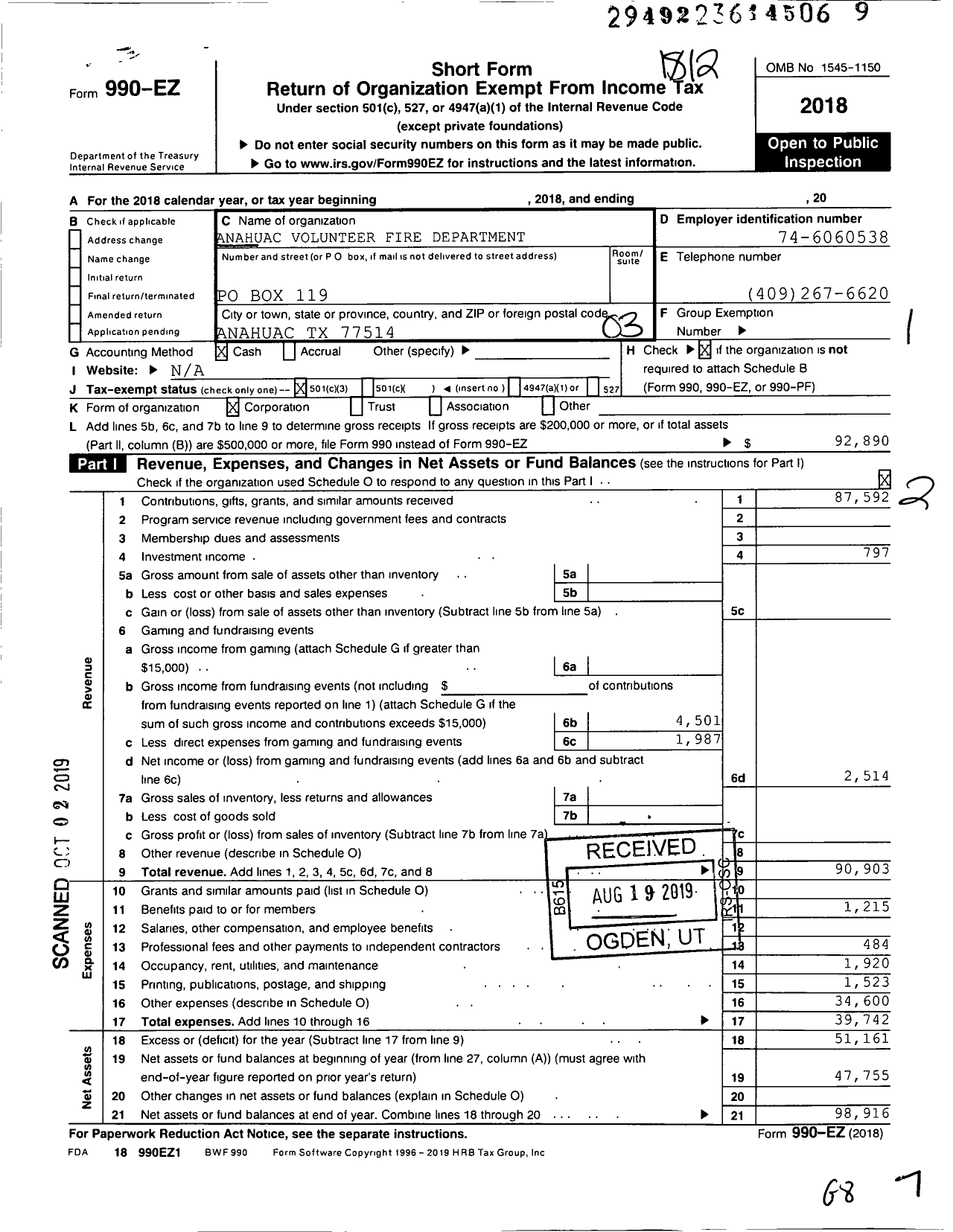 Image of first page of 2018 Form 990EZ for Anahuac Volunteer Fire Department