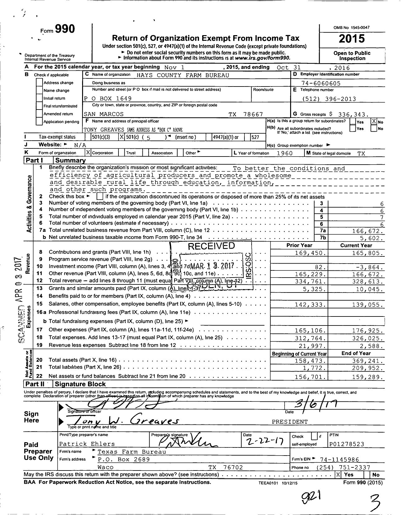 Image of first page of 2015 Form 990O for Hays County Farm Bureau