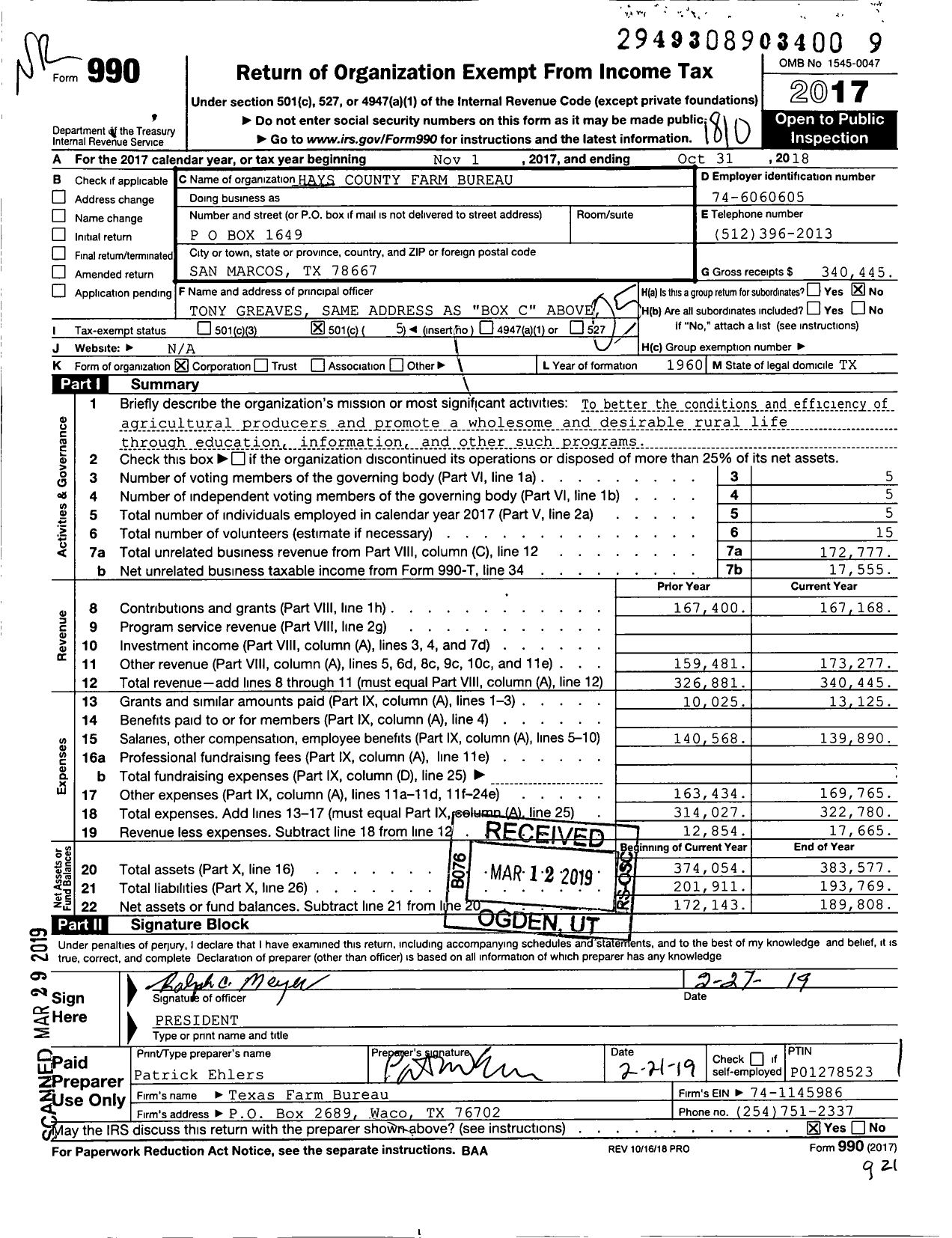 Image of first page of 2017 Form 990O for Hays County Farm Bureau