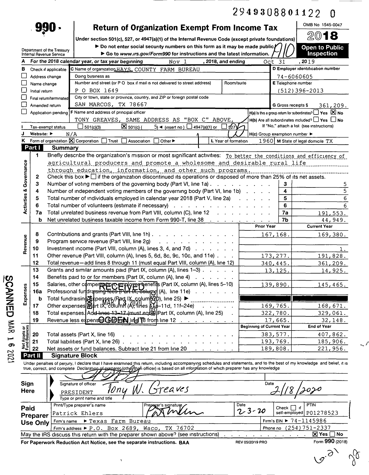 Image of first page of 2018 Form 990O for Hays County Farm Bureau