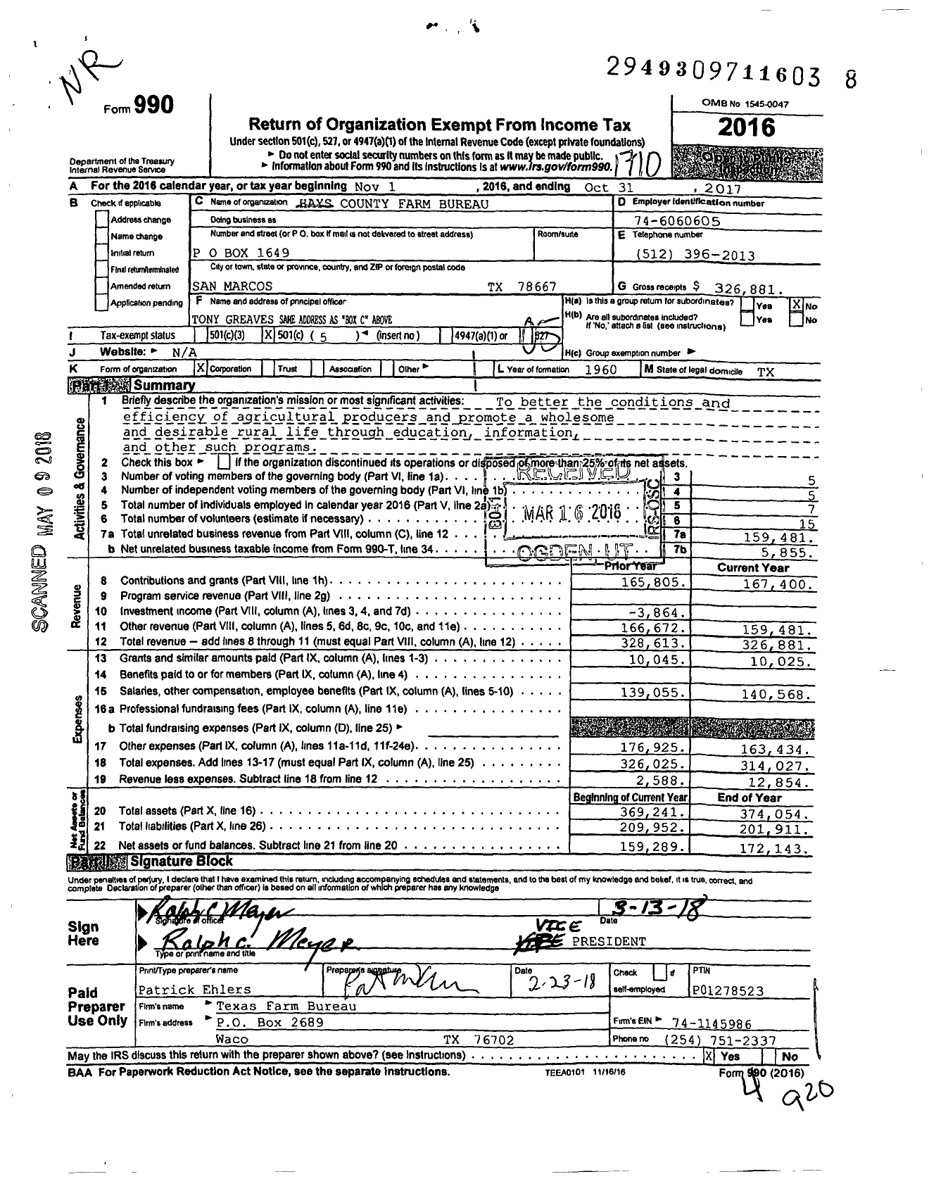 Image of first page of 2016 Form 990O for Hays County Farm Bureau