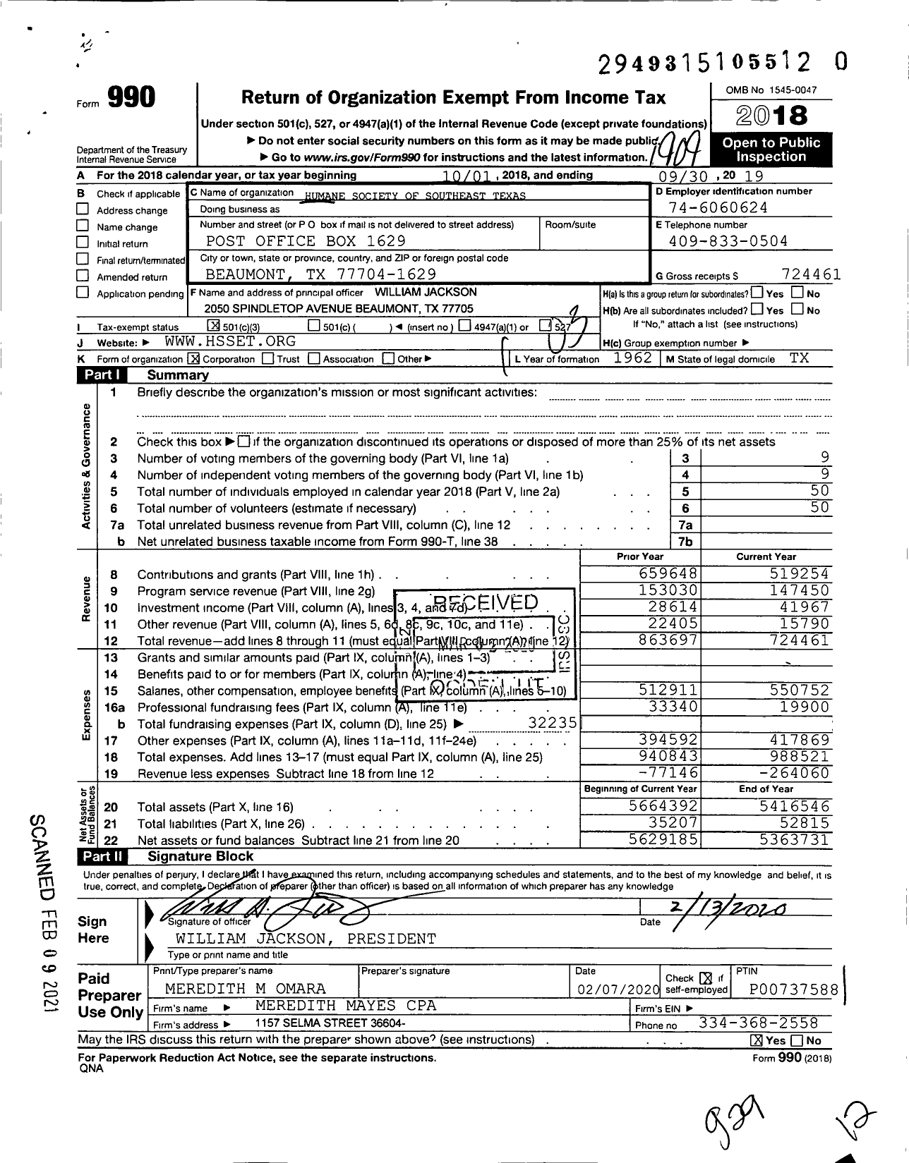 Image of first page of 2018 Form 990 for Humane Society of Southeast Texas (HSSET)