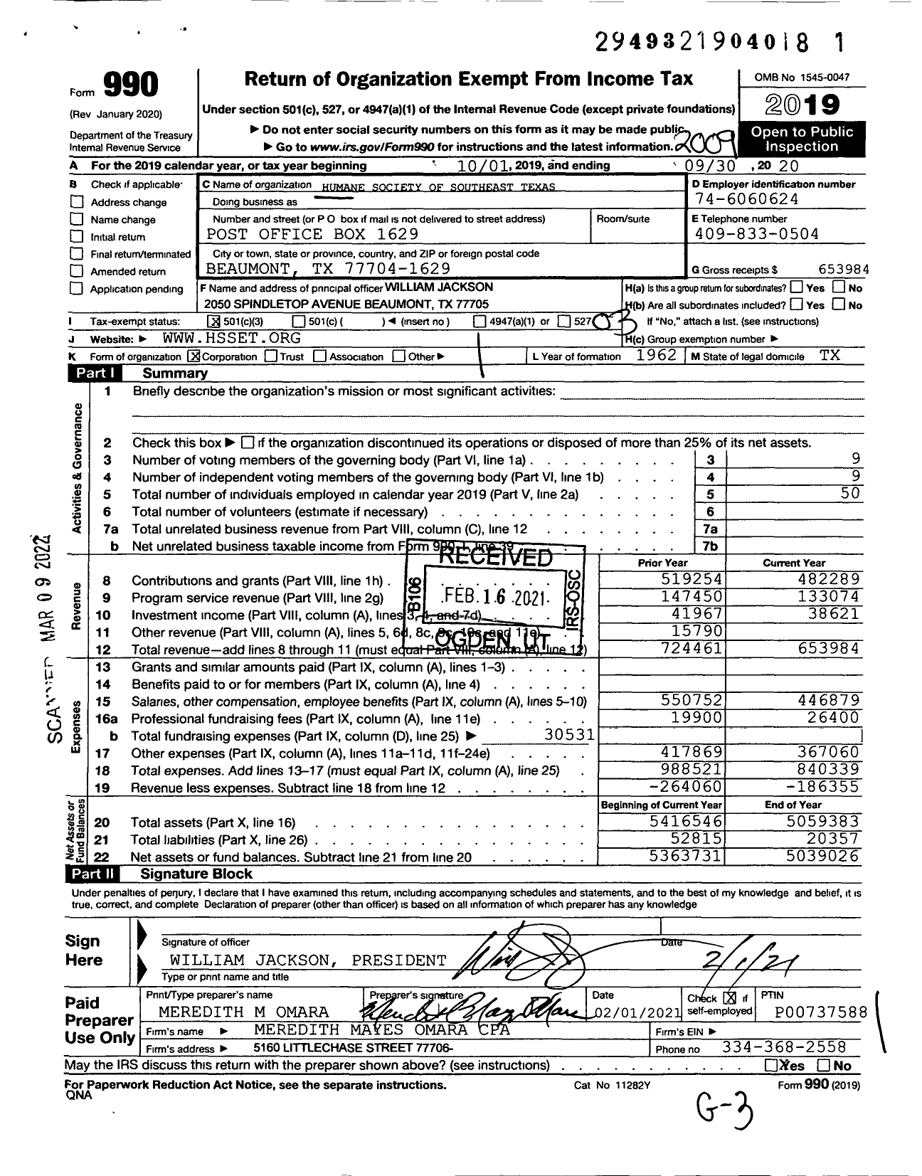 Image of first page of 2019 Form 990 for Humane Society of Southeast Texas (HSSET)