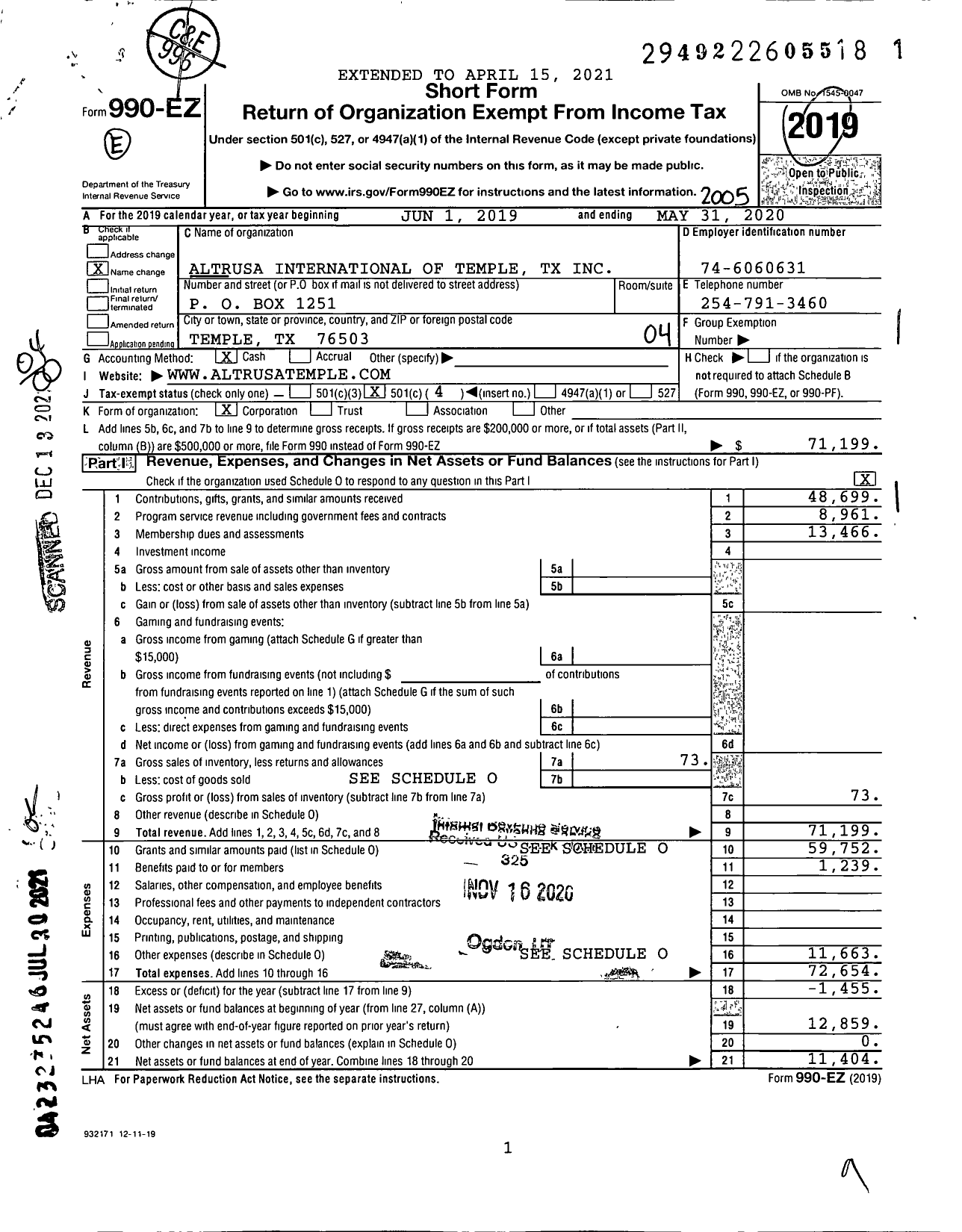 Image of first page of 2019 Form 990EO for Altrusa International of Temple TX