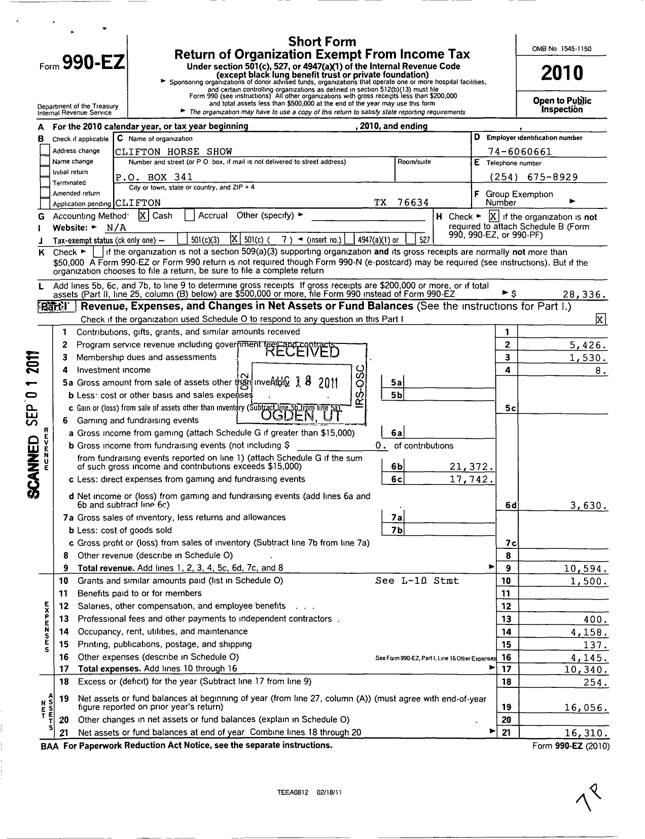 Image of first page of 2010 Form 990EO for Clifton Horse Show