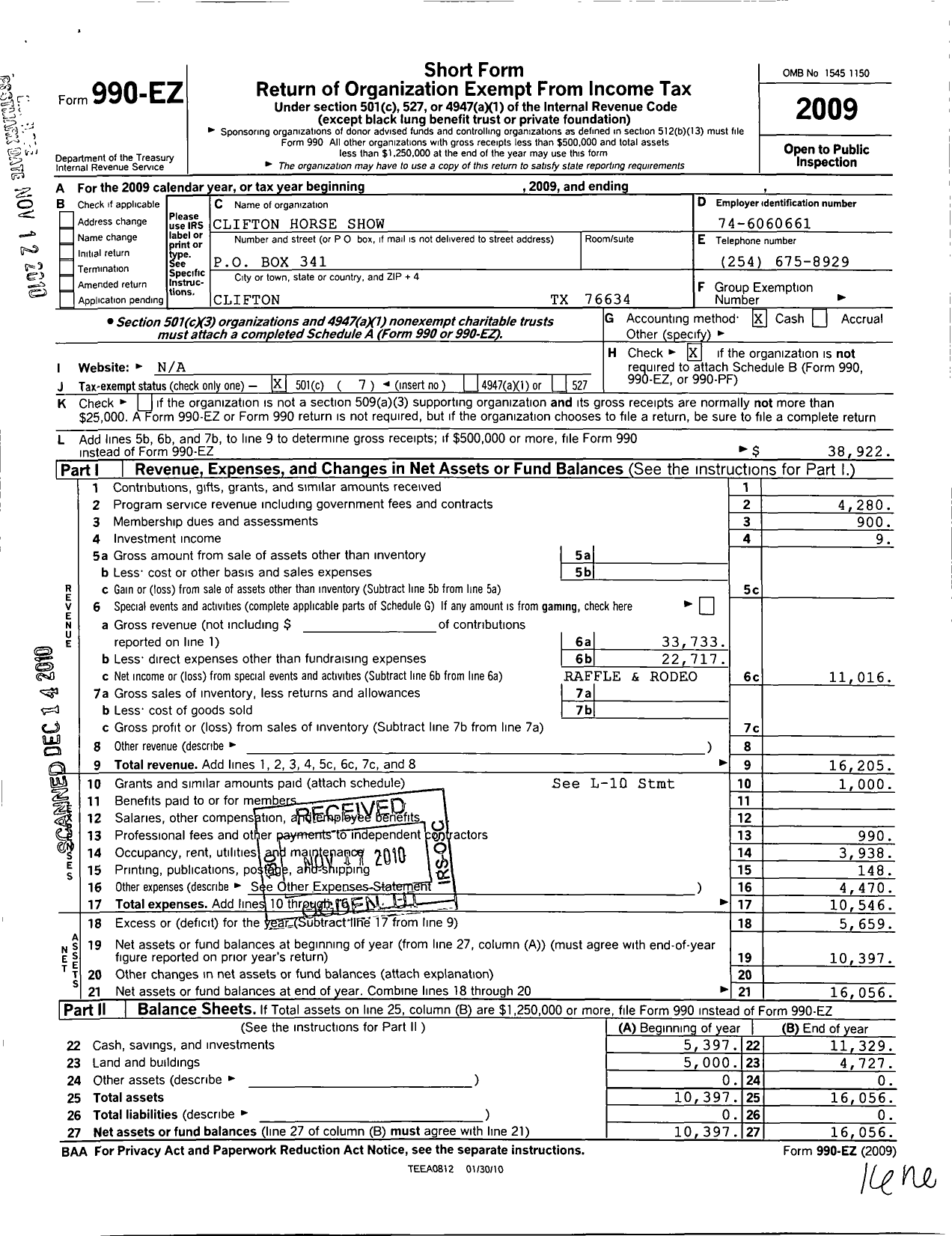 Image of first page of 2009 Form 990EO for Clifton Horse Show