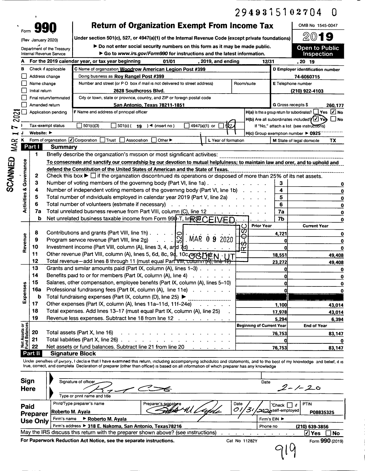 Image of first page of 2019 Form 990O for American Legion Post #399