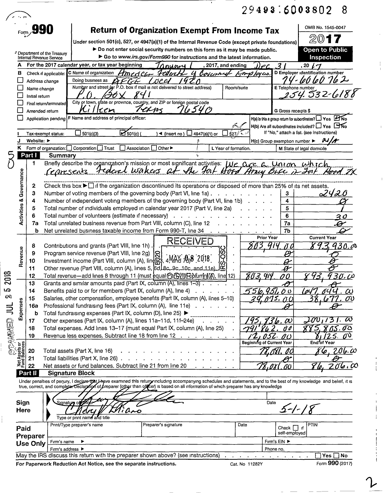 Image of first page of 2017 Form 990O for Afge Local 1920