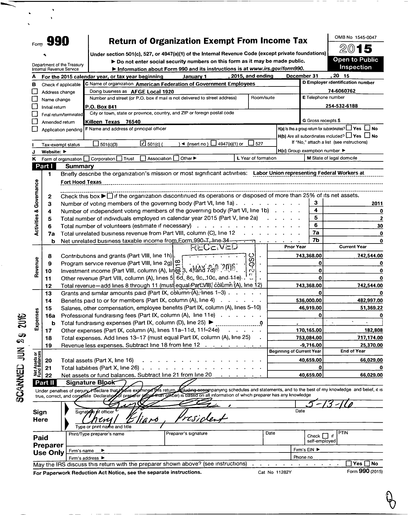 Image of first page of 2015 Form 990O for Afge Local 1920